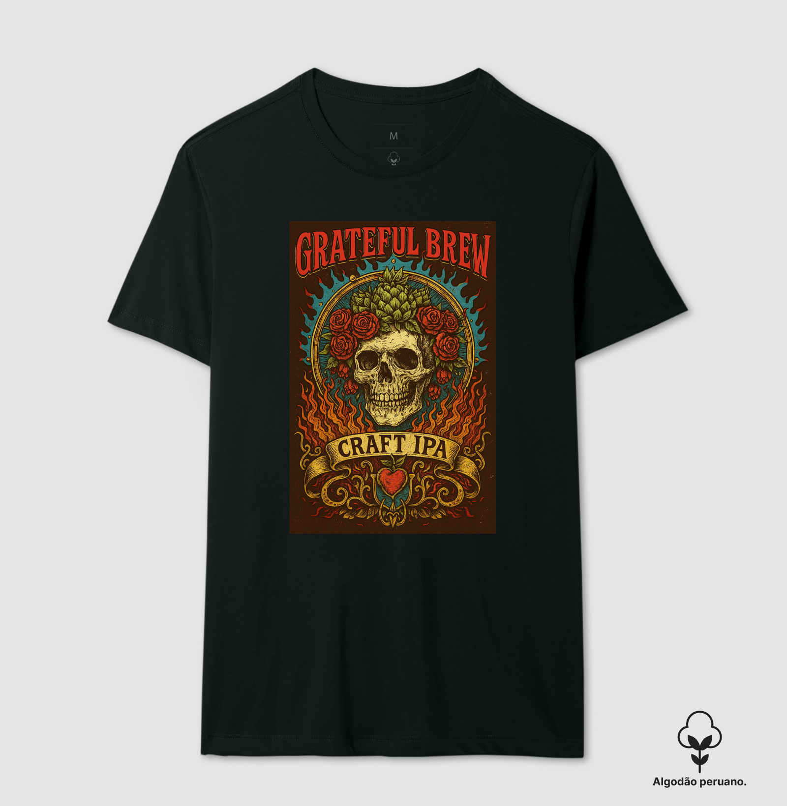 Camiseta Grateful Brew Craft IPA Caveira Floral Cerveja Artesanal