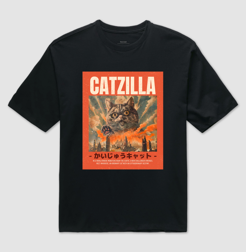 Camiseta Oversized Divertida Gato Catzilla