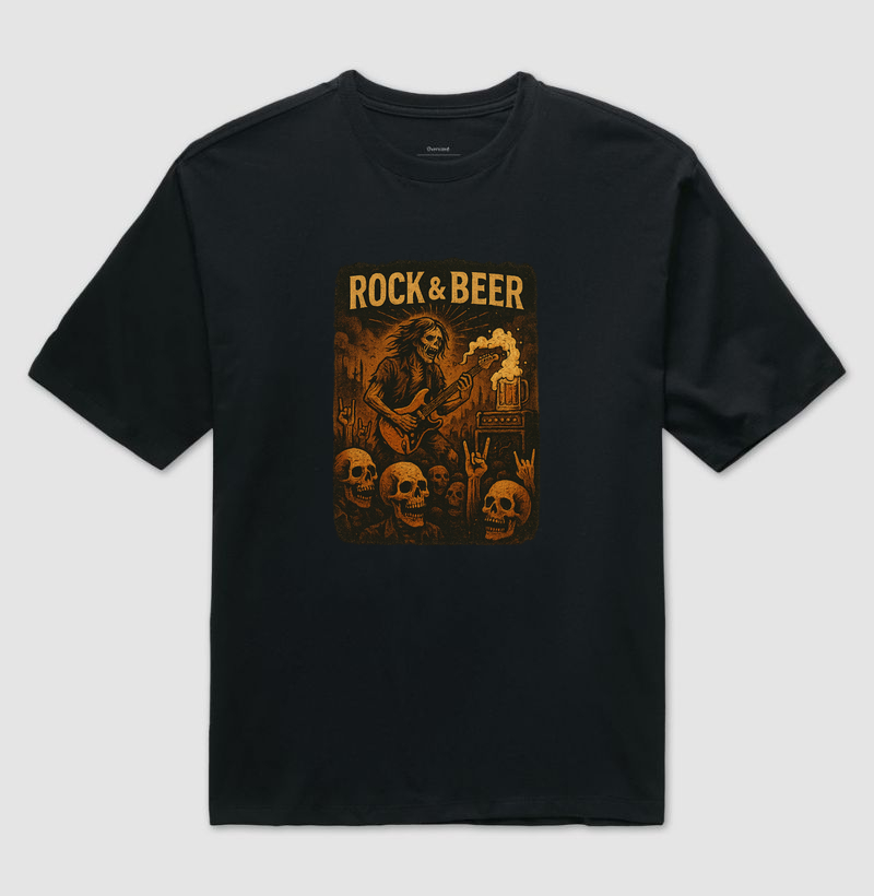 Camiseta Rock & Beer – Caveira Guitarrista Estilo Rock Pesado