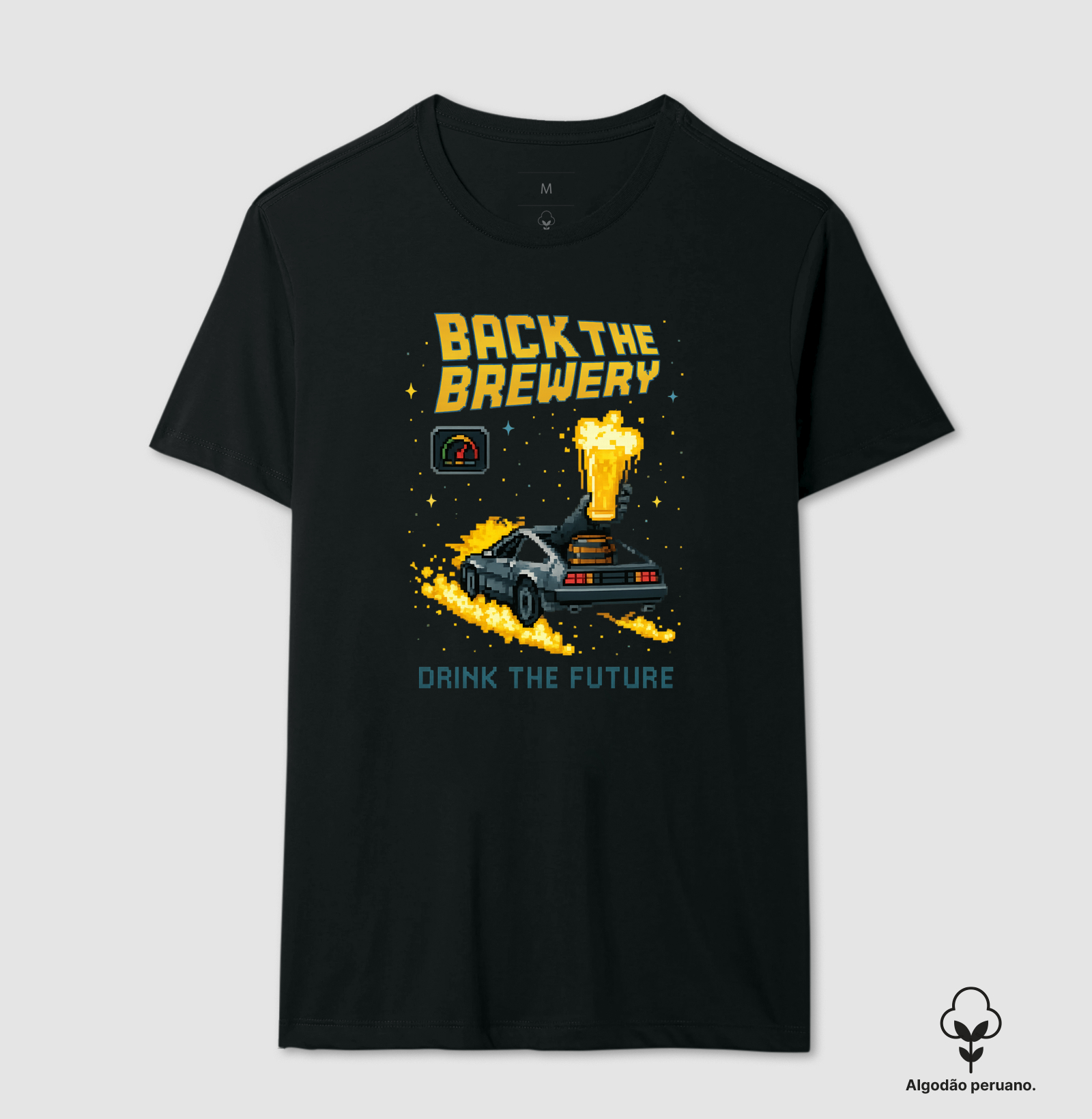 Camiseta Back the Brewery – Carro Futurista e Chope Pixel Art