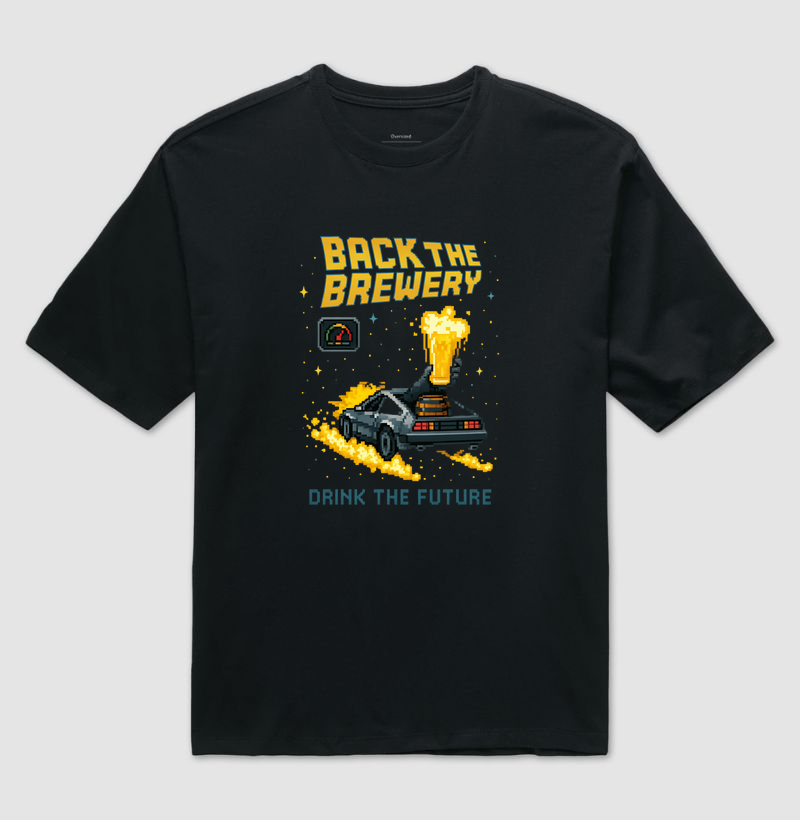 Camiseta Back the Brewery – Carro Futurista e Chope Pixel Art