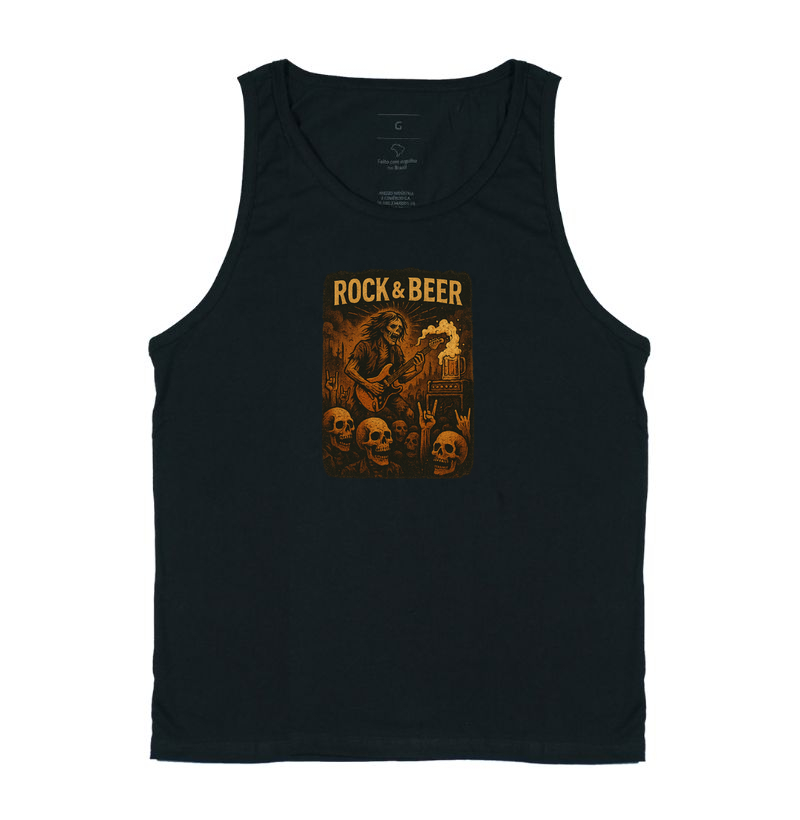 Camiseta Rock & Beer – Caveira Guitarrista Estilo Rock Pesado