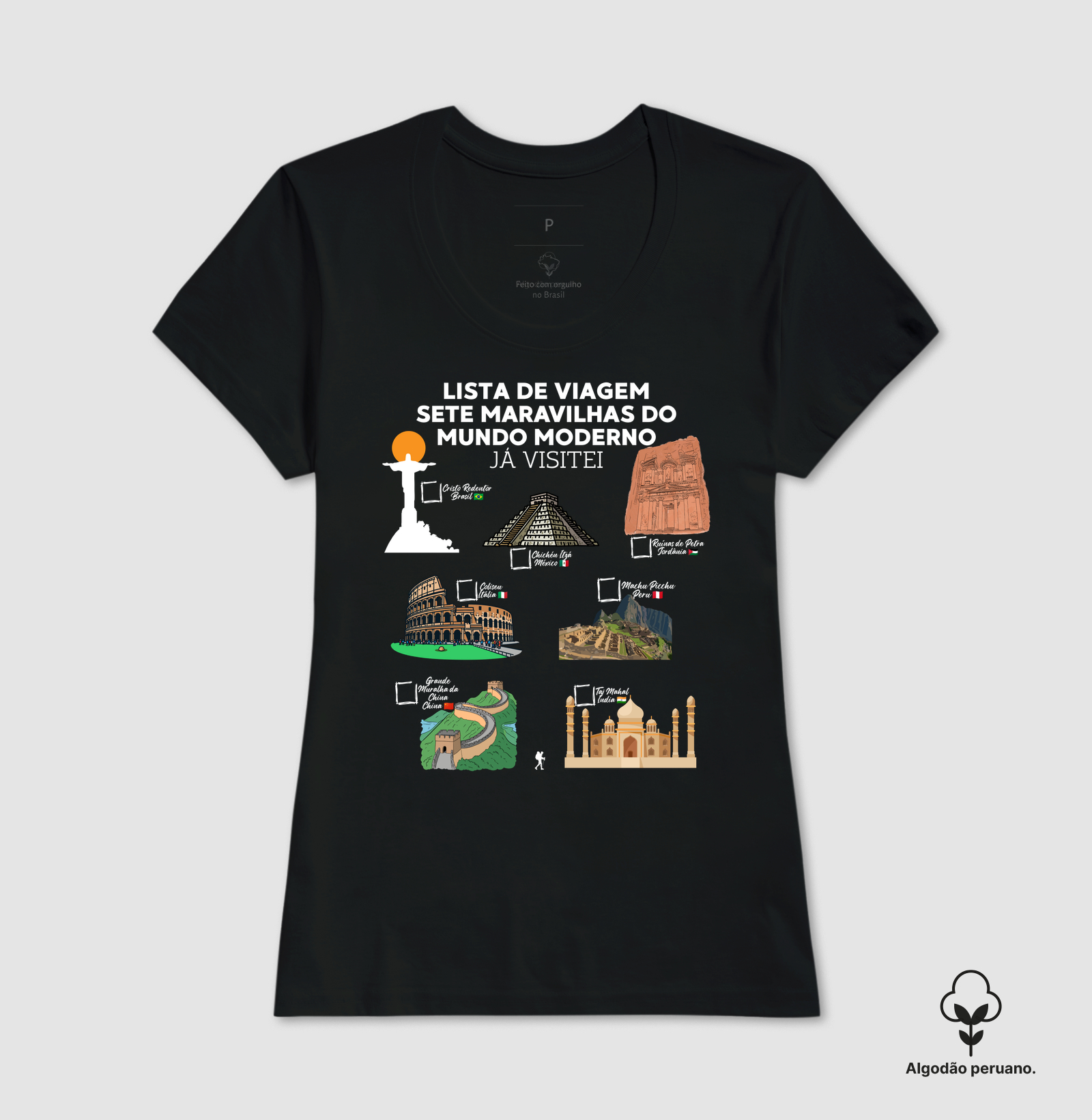 Camiseta Lista de Viagem Sete Maravilhas do Mundo Moderno | Marque as que Ja Visitou | Colecao Personalizaveis - Imagem 2