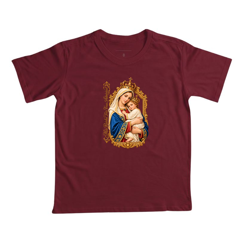 Camiseta Mãe Rainha Três Vezes Admirável Com Menino Jesus - Imagem 3