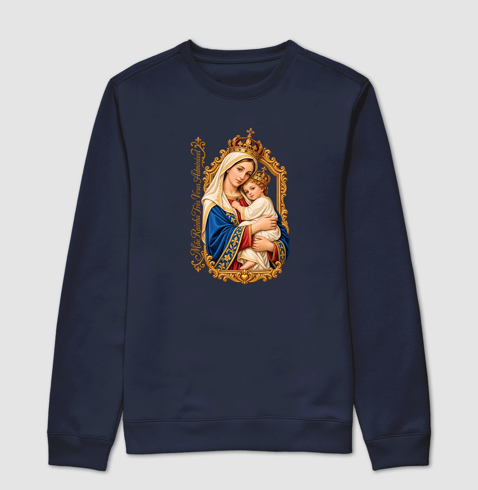 Camiseta Mãe Rainha Três Vezes Admirável Com Menino Jesus - Imagem 5