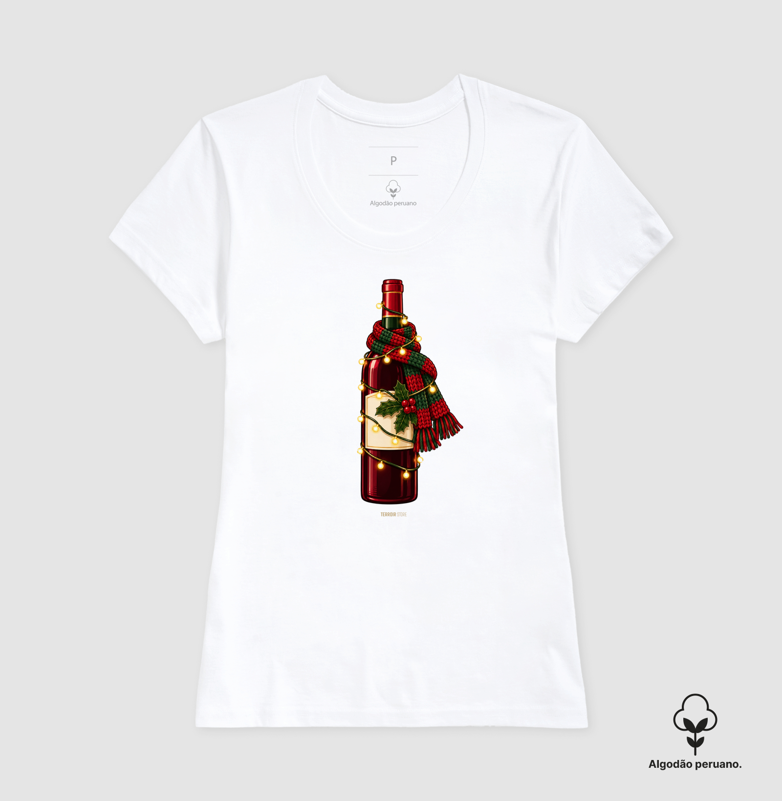 Camiseta Algodão Peruano Natal com Vinho – Garrafa de Cachecol e Pisca-Pisca - Imagem 3