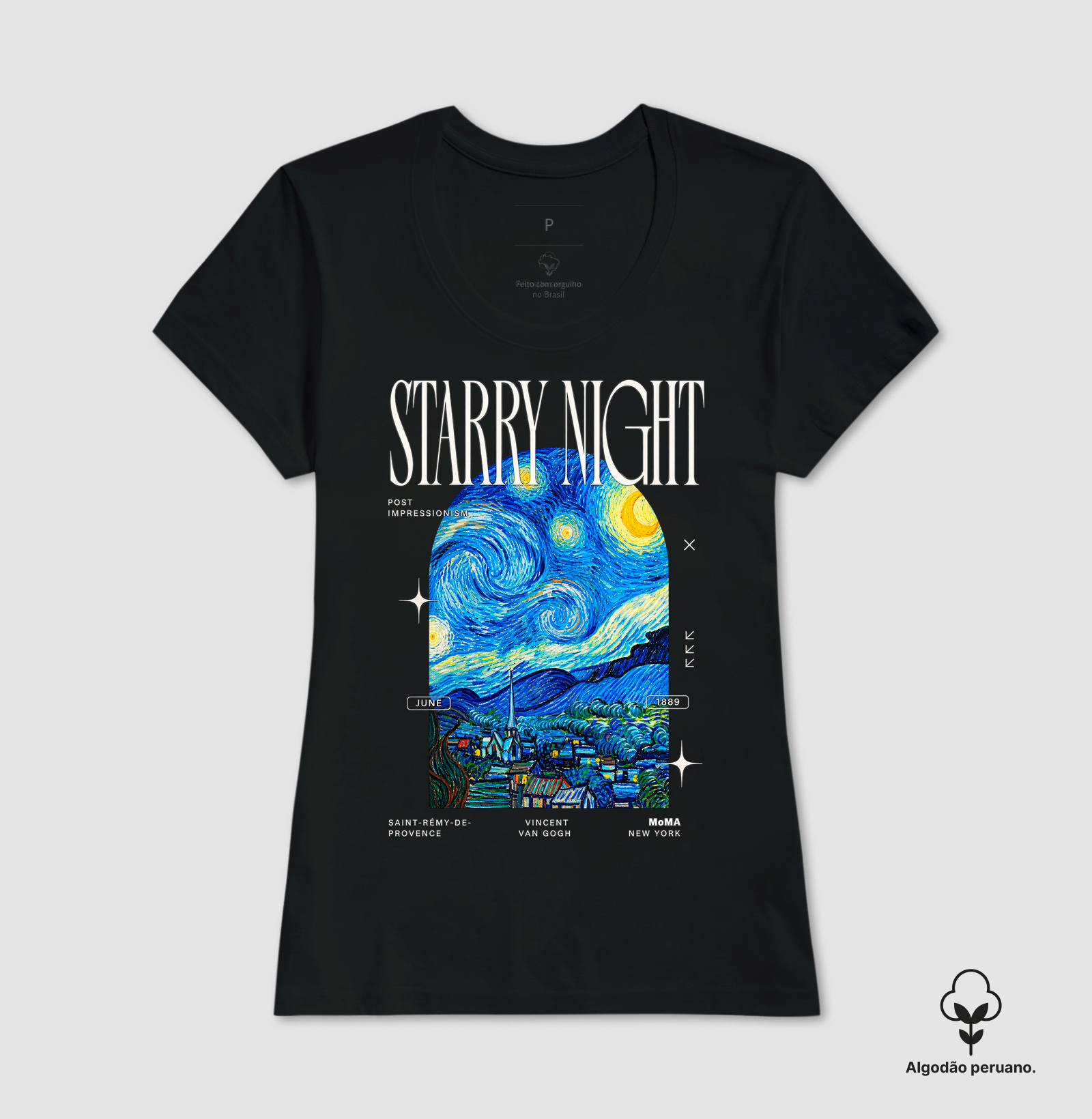 Camiseta Vincent van Gogh  Starry Night (Noite Estrelada) Algodão Peruano Tanguis  - Imagem 3
