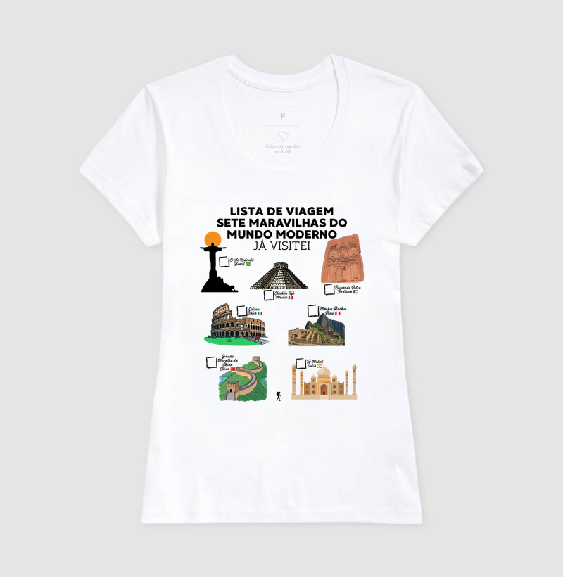 Camiseta Lista de Viagem Sete Maravilhas do Mundo Moderno | Marque as que Ja Visitou | Colecao Personalizaveis - Imagem 8