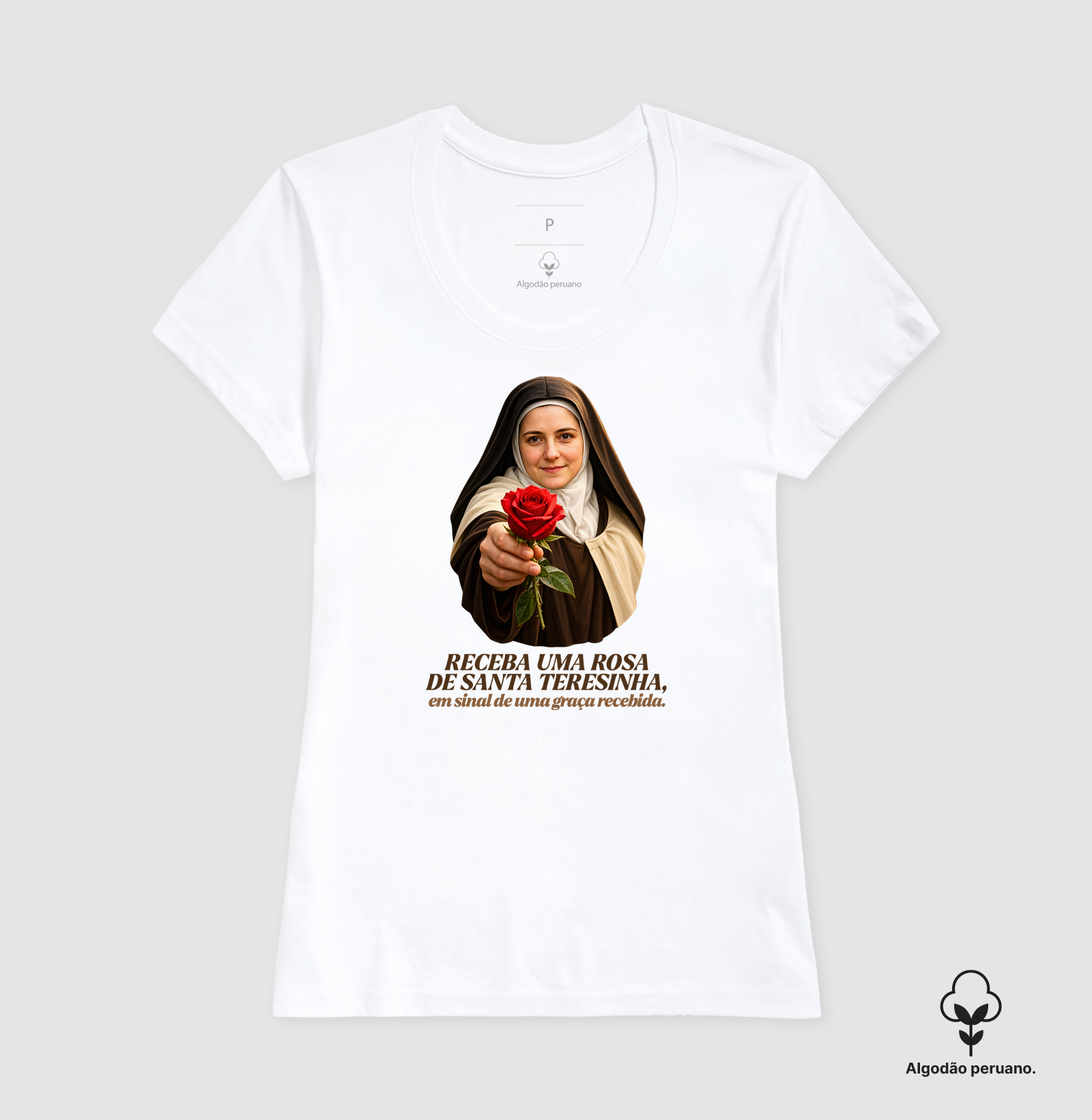 Camiseta Santa Teresinha do Menino Jesus Receba uma Rosa - Imagem 5