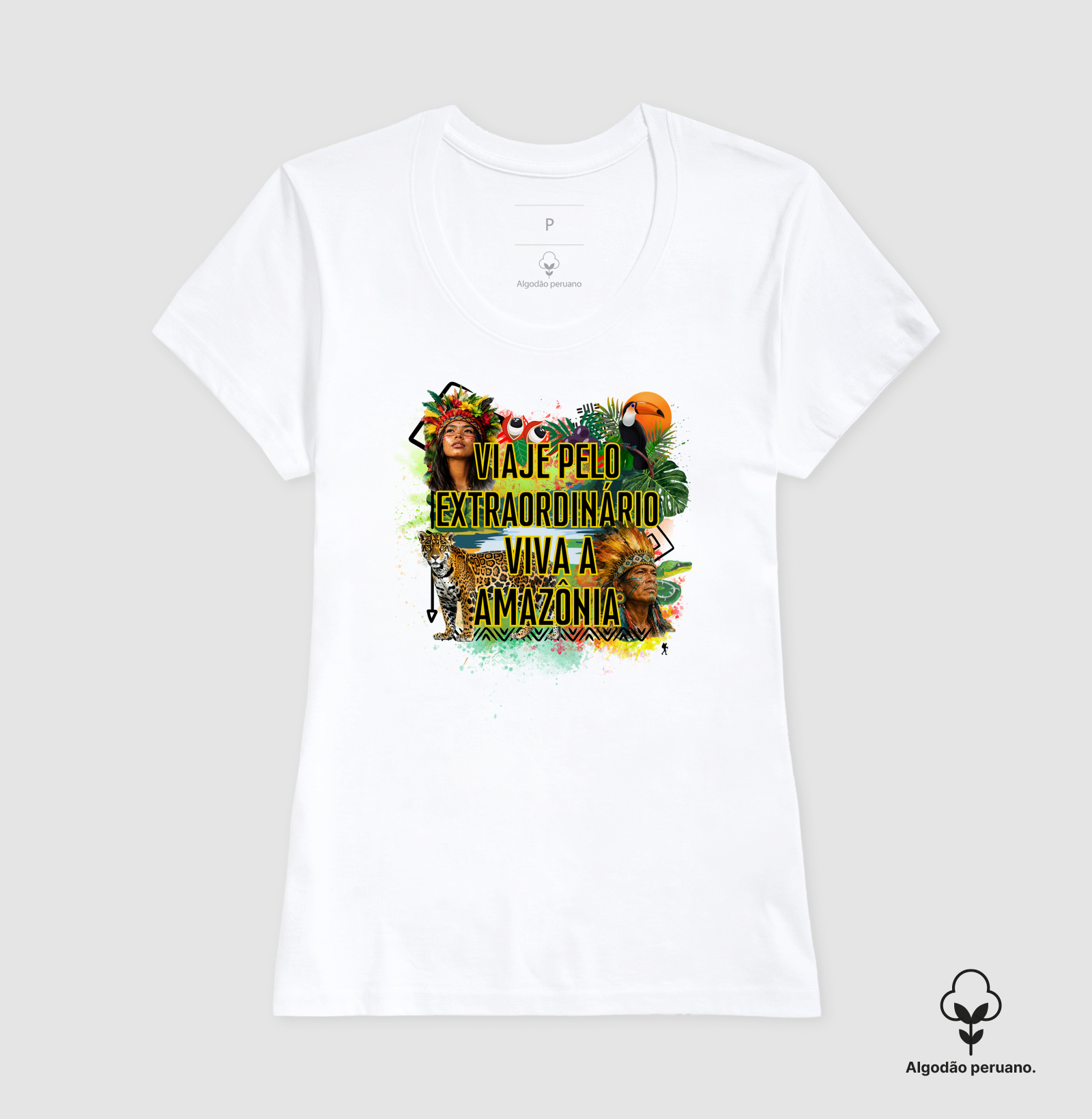 Camiseta Viaje pelo Extraordinario Viva a Amazonia | Onca Tucano Indigena | Colecao Viciados em Viagem - Imagem 6