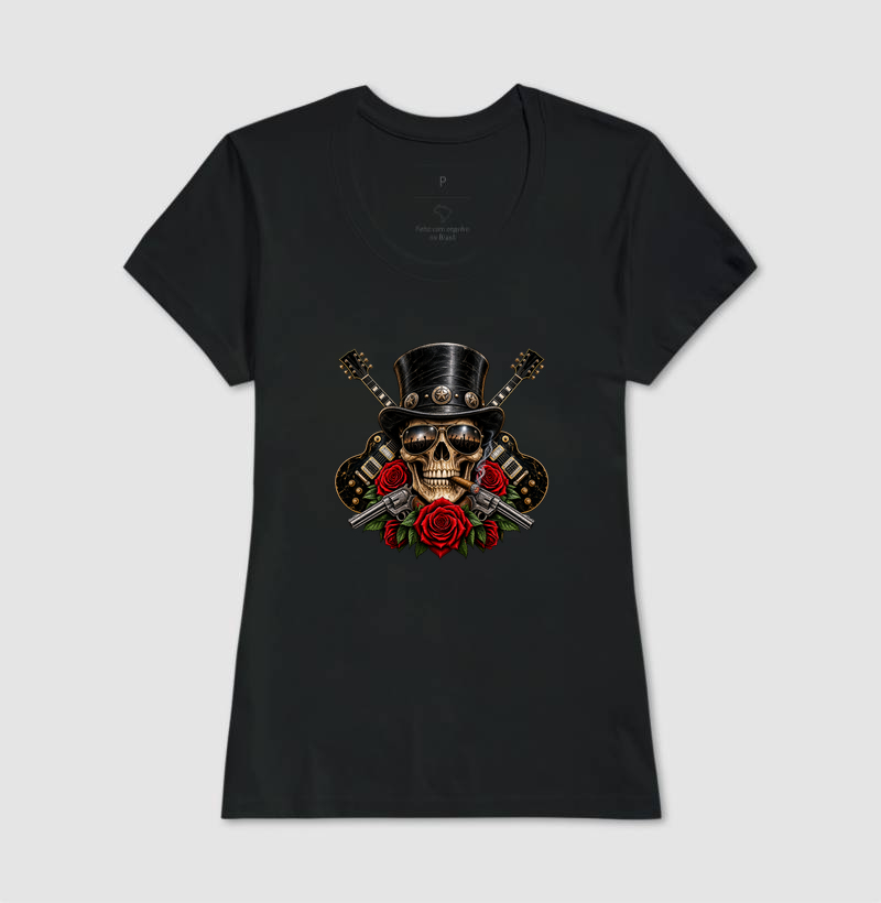 Camiseta Rock Skull com Guitarras, Rosas e Caveira – Estilo Rock’n’Roll - Imagem 3