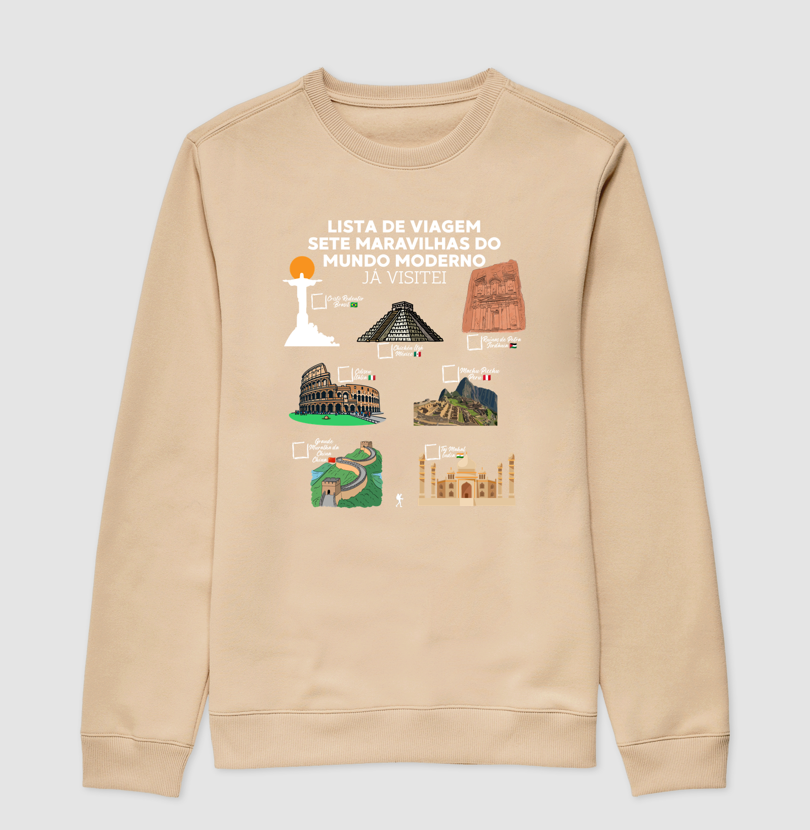 Camiseta Lista de Viagem Sete Maravilhas do Mundo Moderno | Marque as que Ja Visitou | Colecao Personalizaveis - Imagem 3