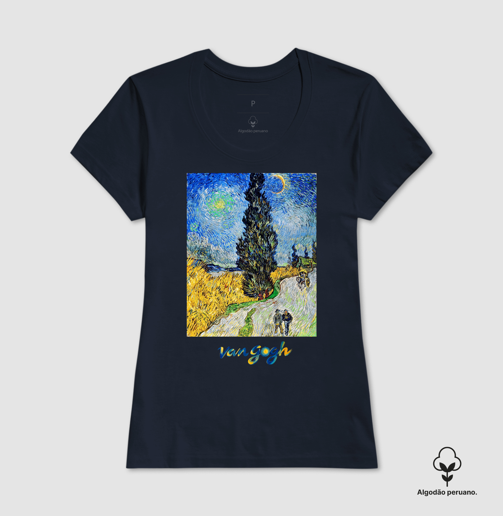 Camiseta Vincent Van Gogh Estrada Com Cipreste E Estrela Algodão Peruano - Imagem 7