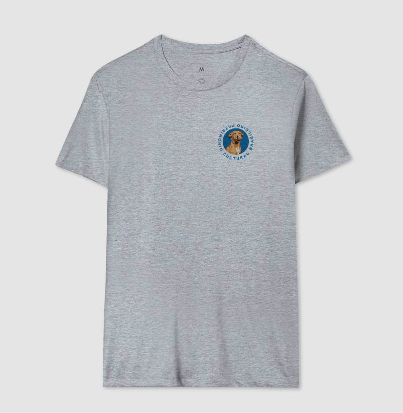 Camiseta Patrimônio Cultural Brasileiro Vira-Lata Caramelo Emblema Azul Estampa Unissex - Imagem 6