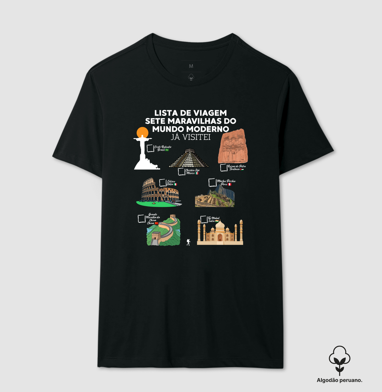 Camiseta Lista de Viagem Sete Maravilhas do Mundo Moderno | Marque as que Ja Visitou | Colecao Personalizaveis - Imagem 3