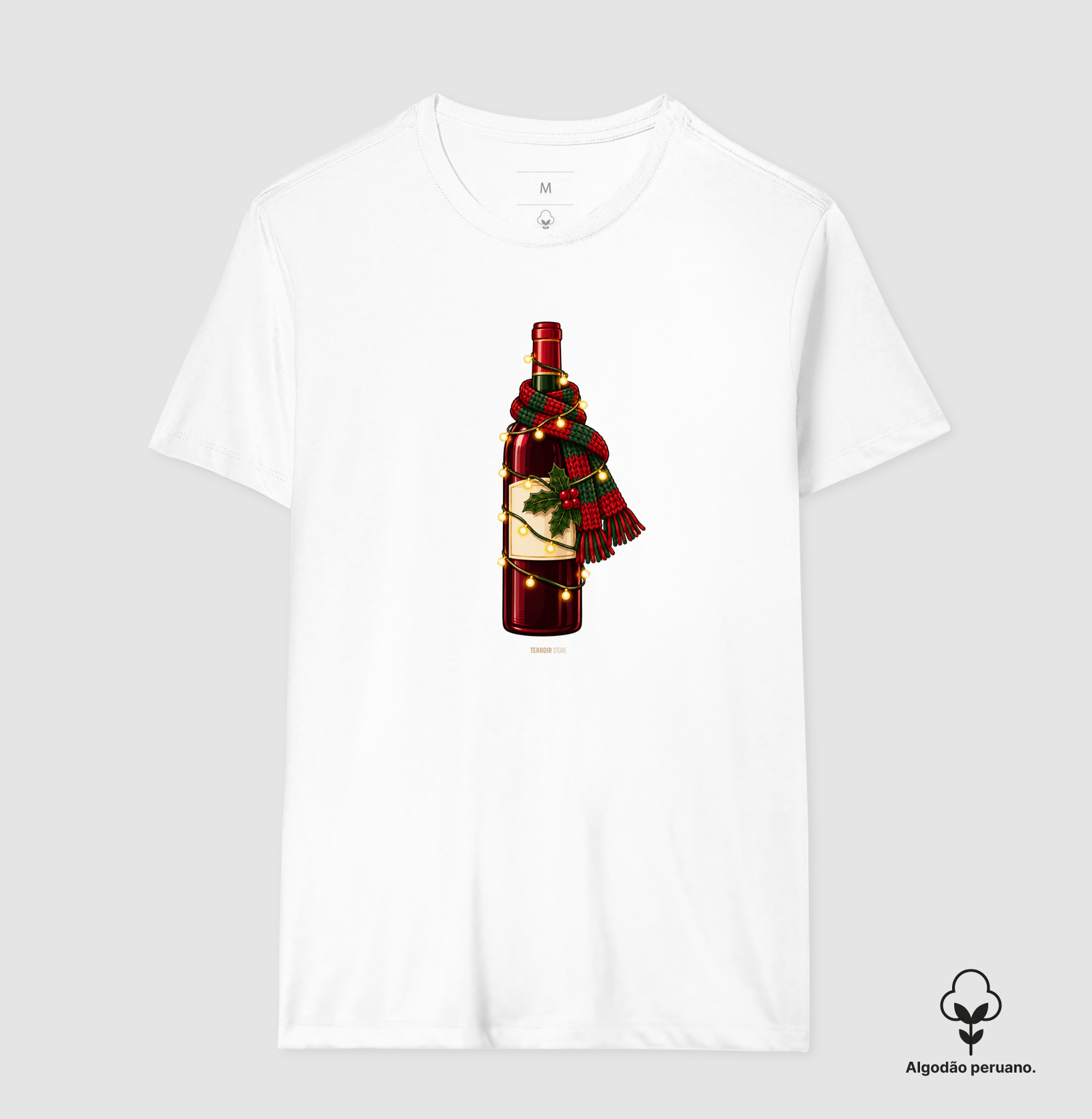 Camiseta Algodão Peruano Natal com Vinho – Garrafa de Cachecol e Pisca-Pisca - Imagem 7