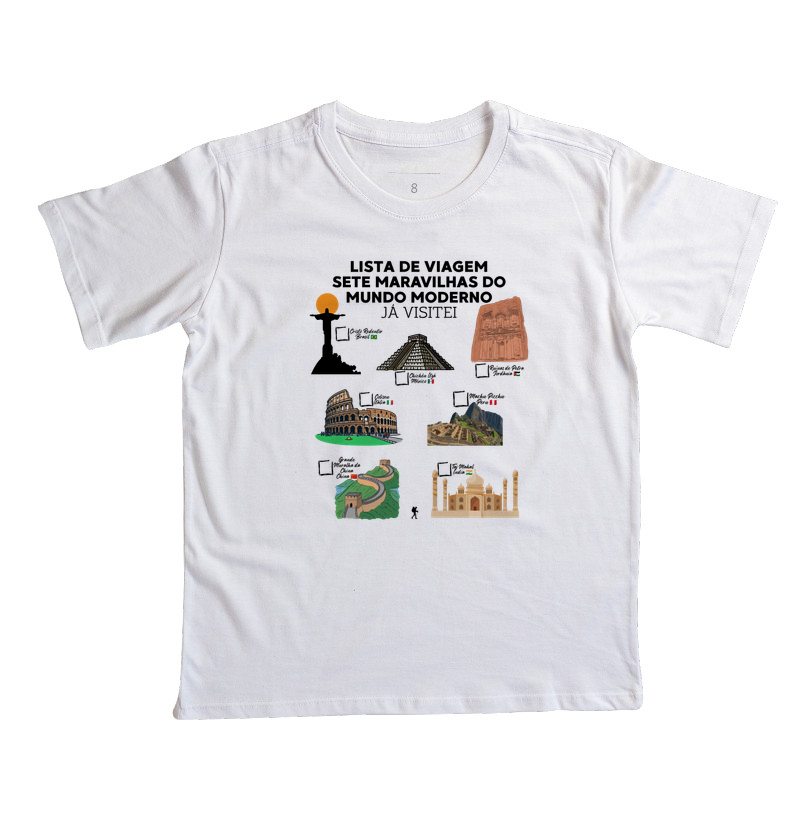 Camiseta Lista de Viagem Sete Maravilhas do Mundo Moderno | Marque as que Ja Visitou | Colecao Personalizaveis - Imagem 5