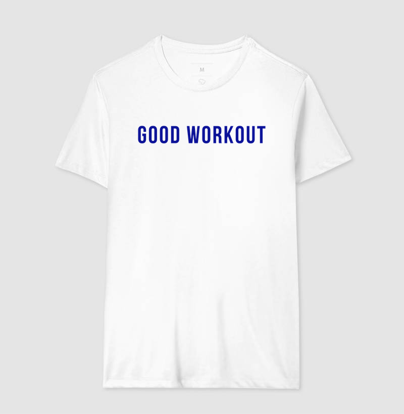 T-shirt Good Workout Branca Logo Reta Azul Marinho