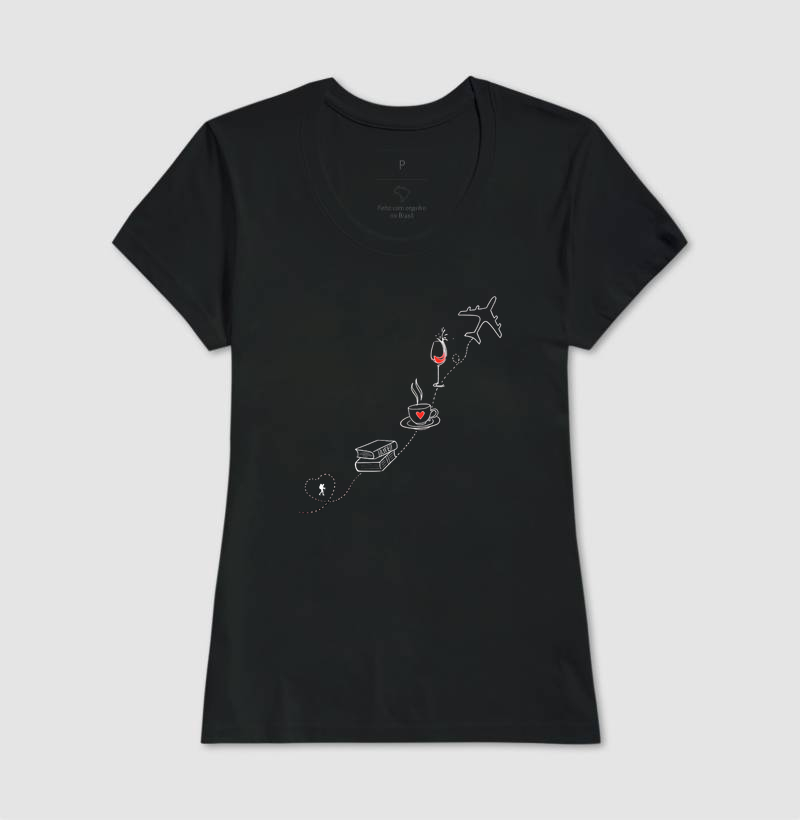 Camiseta Livro Cafe Vinho Aviao | Rota da Vida Viajante | Colecao Viciados em Viagem - Imagem 6
