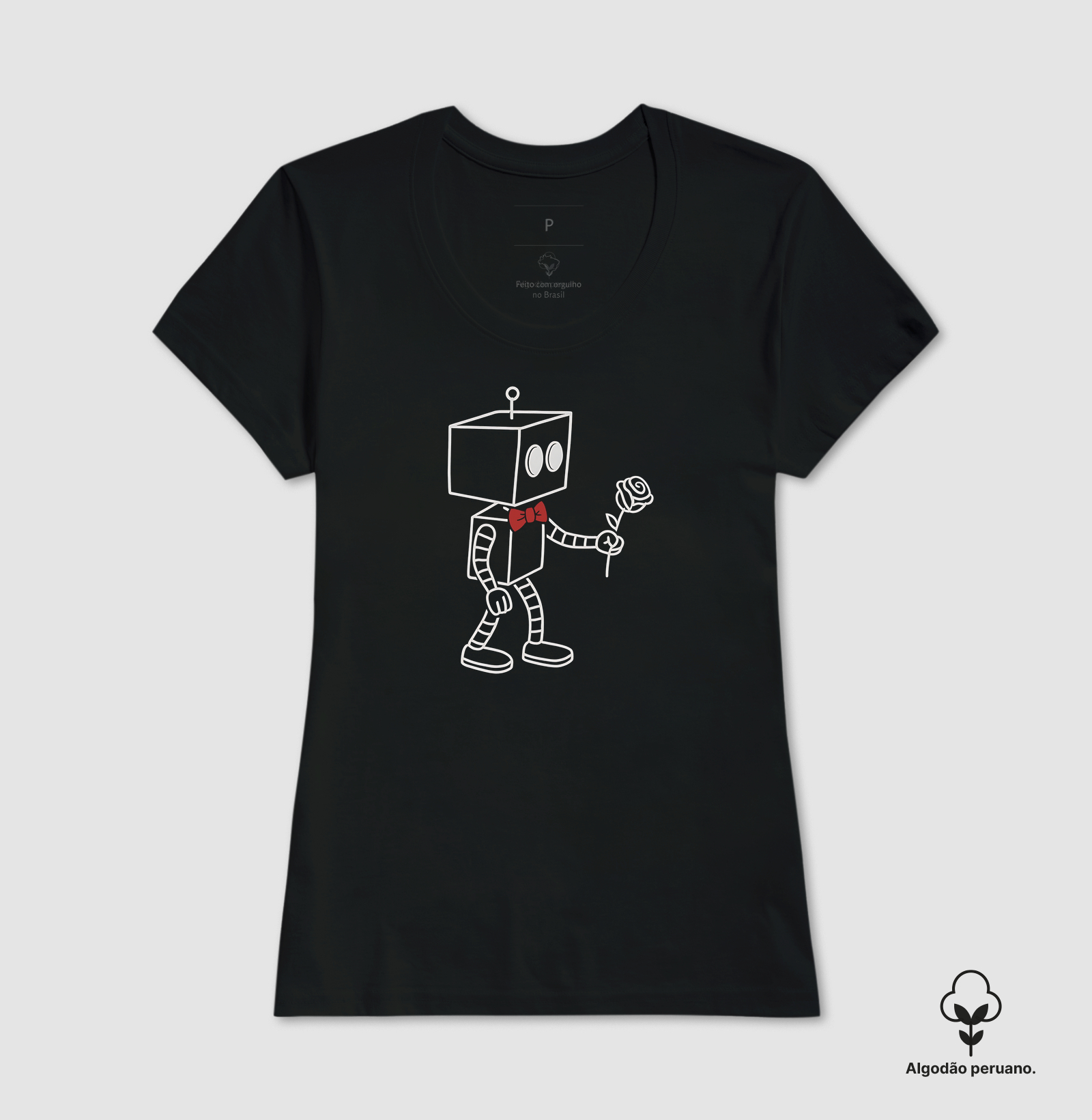 Camiseta Algodão Peruano Casal Robô Flor - Imagem 3
