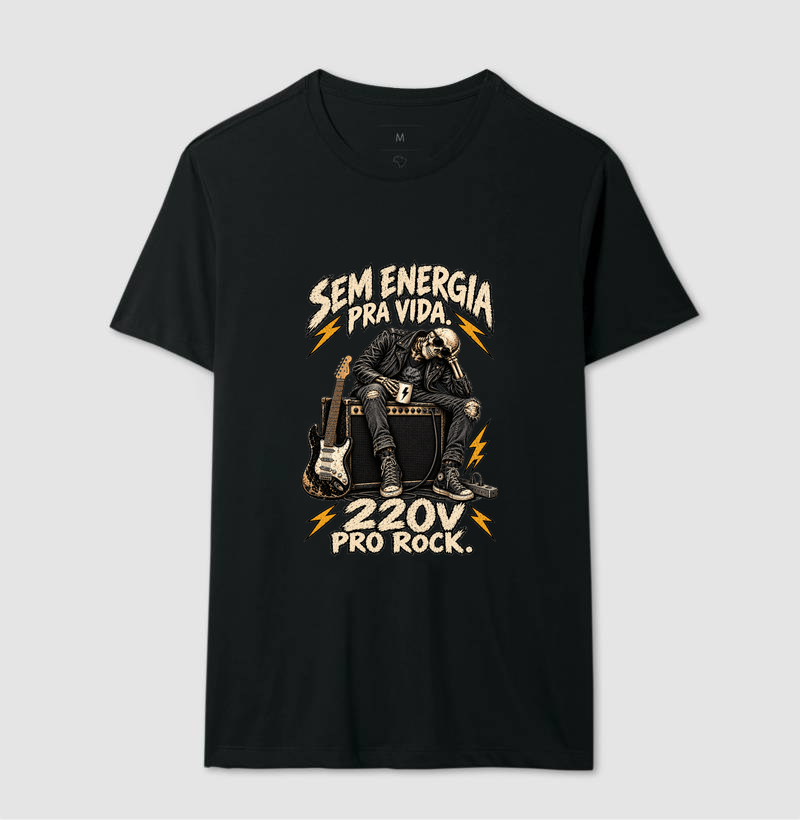 Camiseta Sem Energia Pra Vida 220V Pro Rock – Estampa Caveira Rocker e Guitarra - Imagem 2