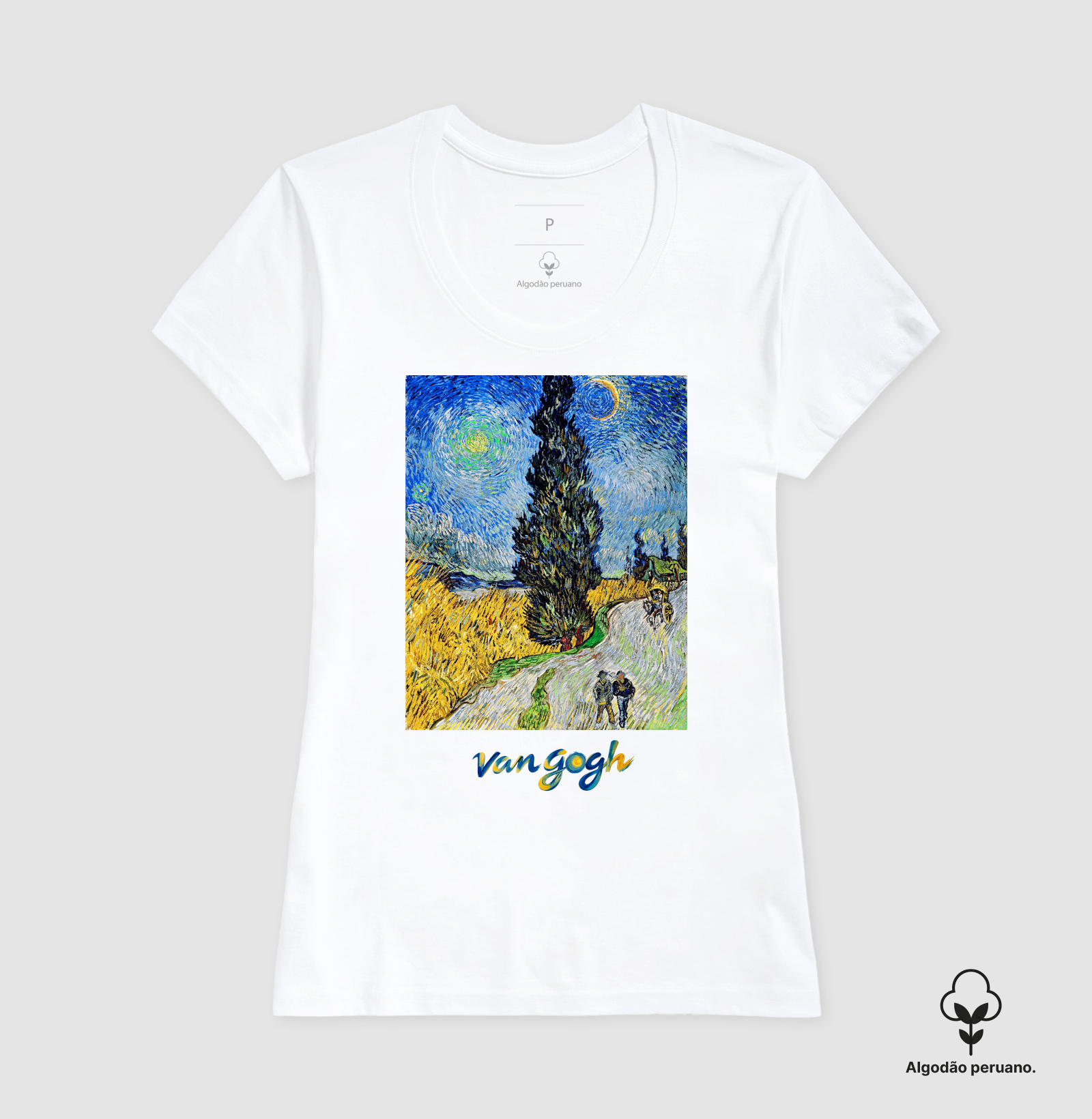 Camiseta Vincent Van Gogh Estrada Com Cipreste E Estrela Algodão Peruano - Imagem 4