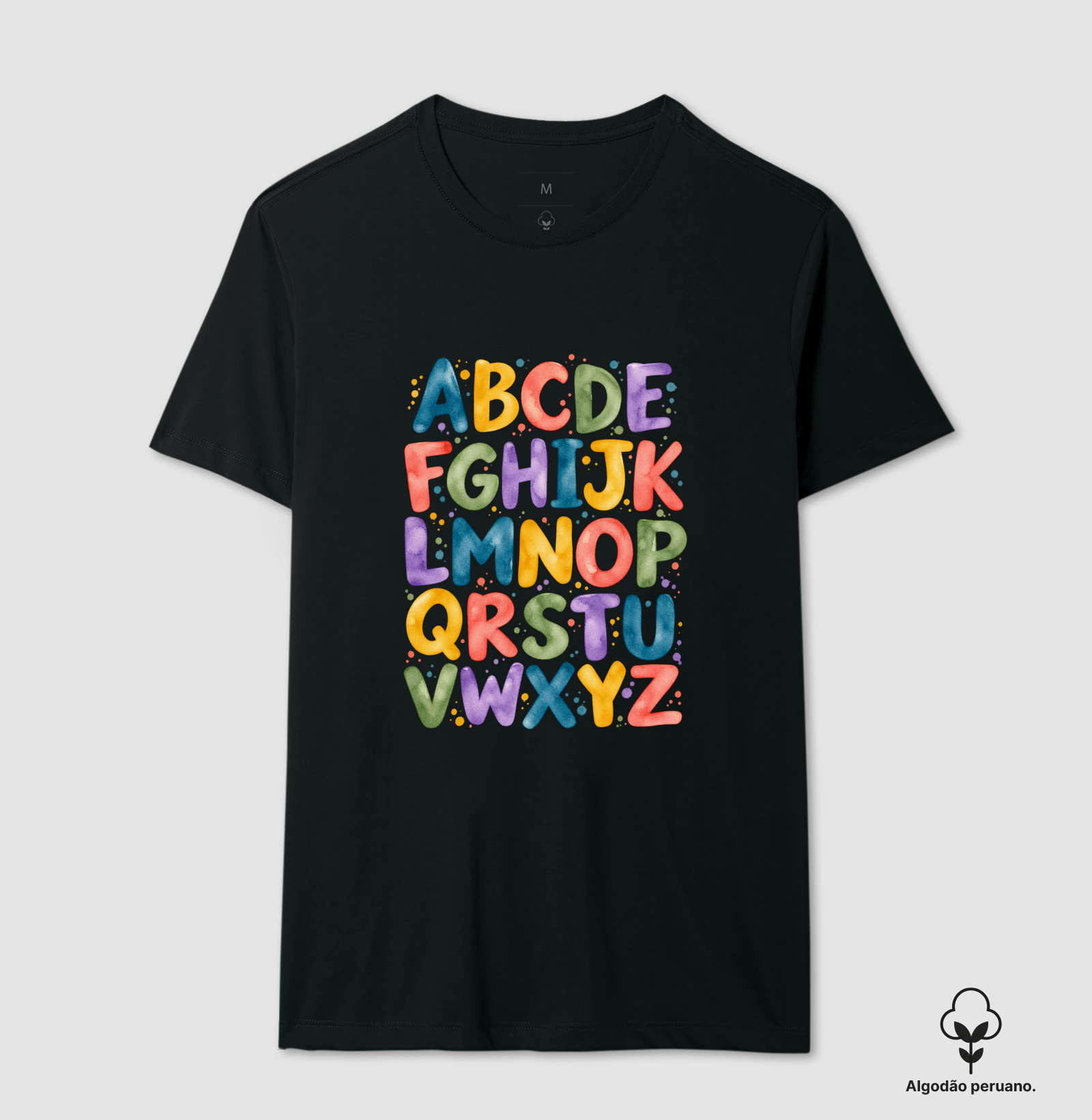 Camiseta Algodão Peruano Alfabeto em Cores
