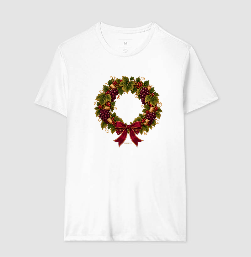 Camiseta Guirlanda de Natal do Vinho – Uvas, Rolhas e Laço - Imagem 4