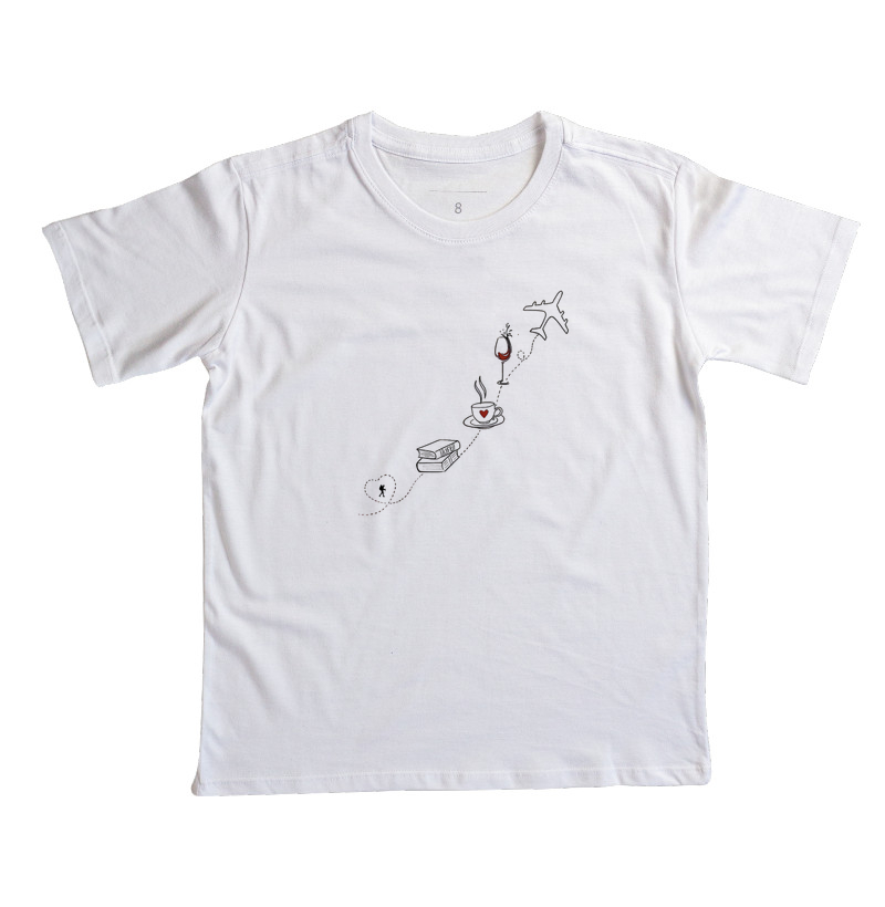 Camiseta Livro Cafe Vinho Aviao | Rota da Vida Viajante | Colecao Viciados em Viagem - Imagem 2