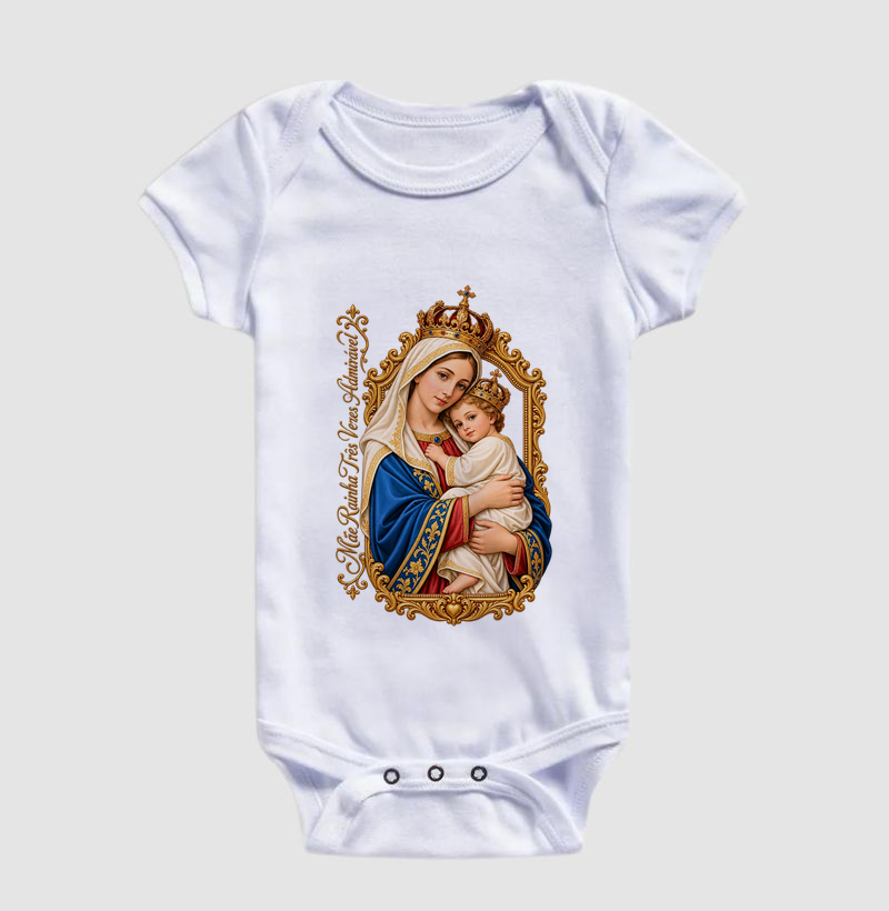 Camiseta Mãe Rainha Três Vezes Admirável Com Menino Jesus - Imagem 3