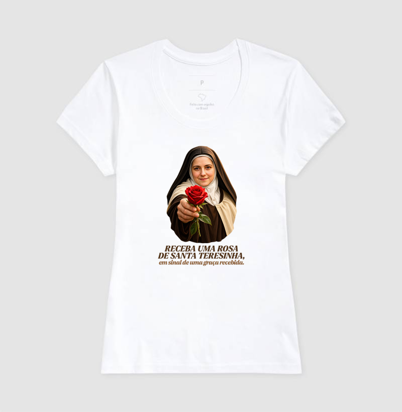 Camiseta Santa Teresinha do Menino Jesus Receba uma Rosa - Imagem 5