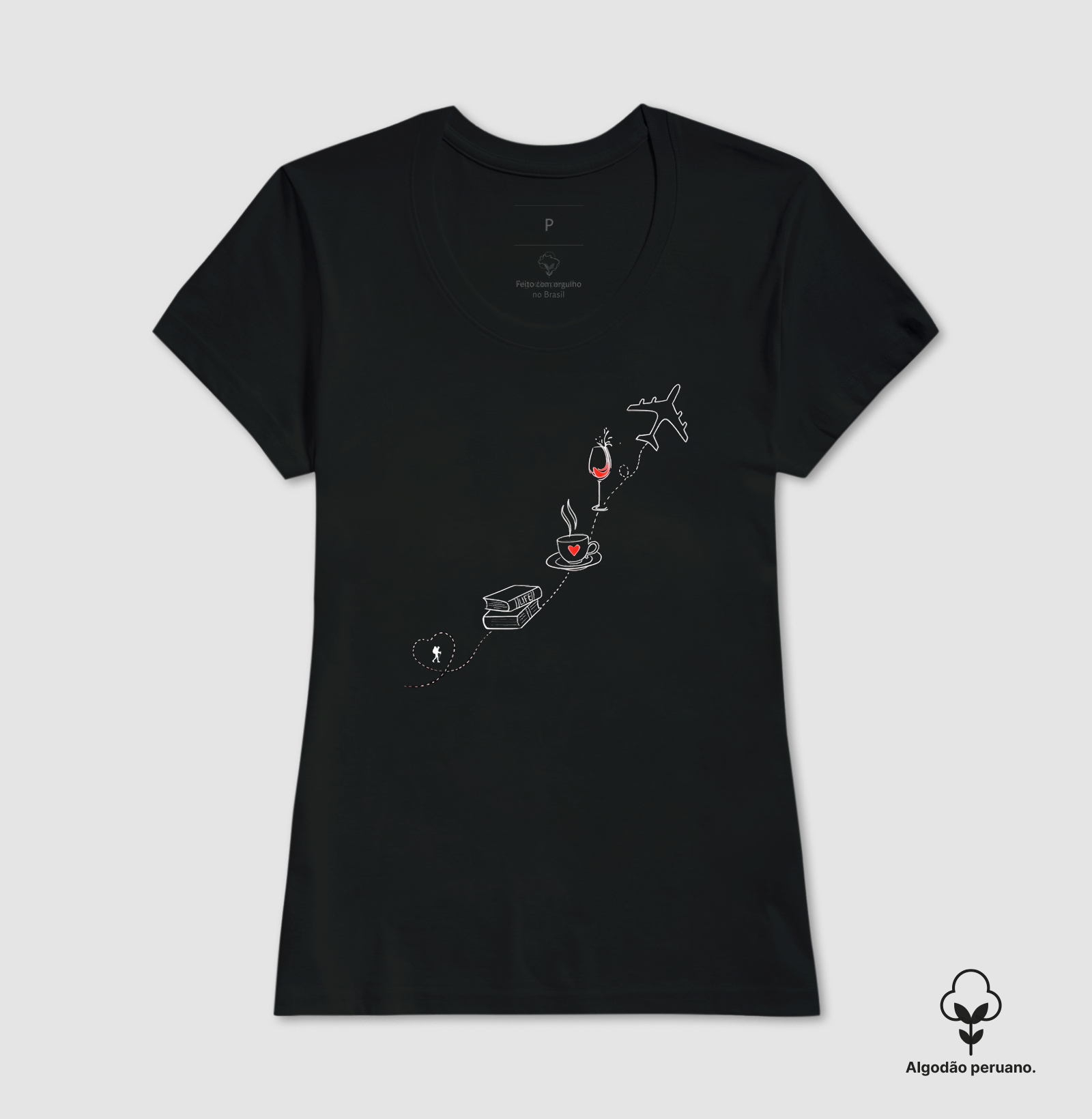 Camiseta Livro Cafe Vinho Aviao | Rota da Vida Viajante | Colecao Viciados em Viagem - Imagem 3