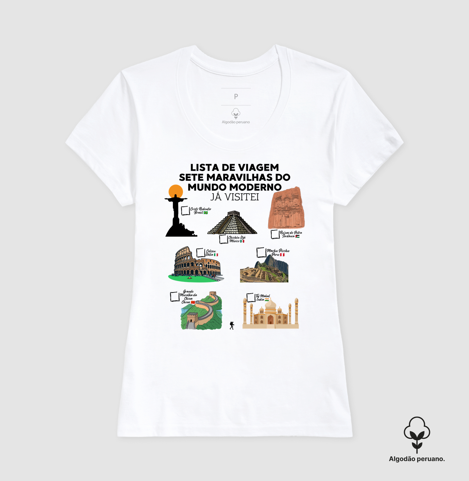 Camiseta Lista de Viagem Sete Maravilhas do Mundo Moderno | Marque as que Ja Visitou | Colecao Personalizaveis - Imagem 6