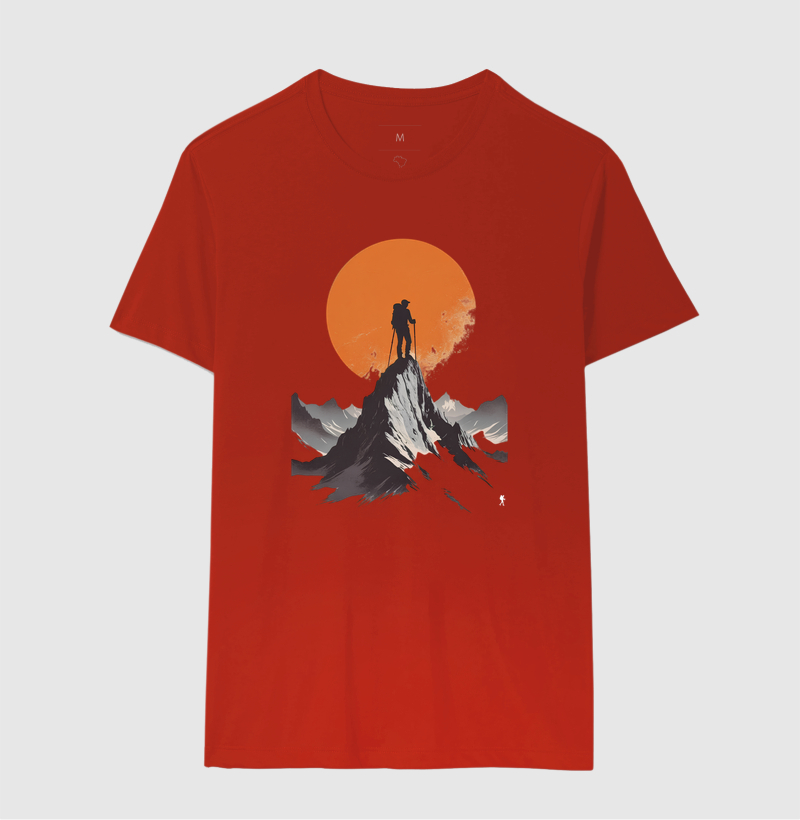 Camiseta Trilheiro no Topo da Montanha | Sol Laranja Silhueta Aventura | Colecao Fashion Travel - Imagem 13