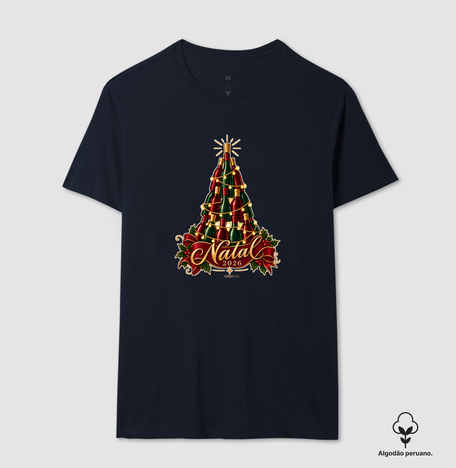 Camiseta Algodão Peruano Natal 2026 – Árvore de Garrafas de Vinho - Imagem 9