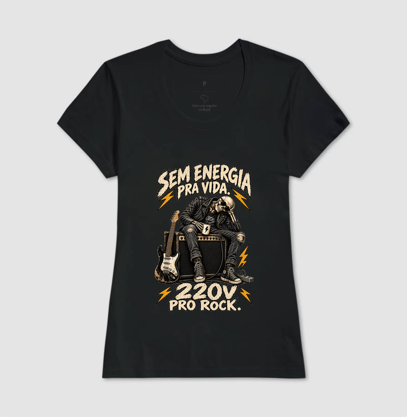Camiseta Sem Energia Pra Vida 220V Pro Rock – Estampa Caveira Rocker e Guitarra - Imagem 3