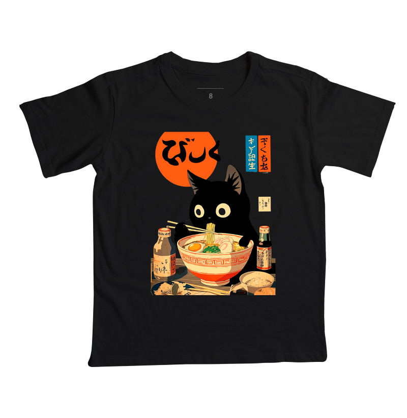 Camiseta Infantil Gato Comendo Ramen Japones - Algodão Penteado  - Imagem 2
