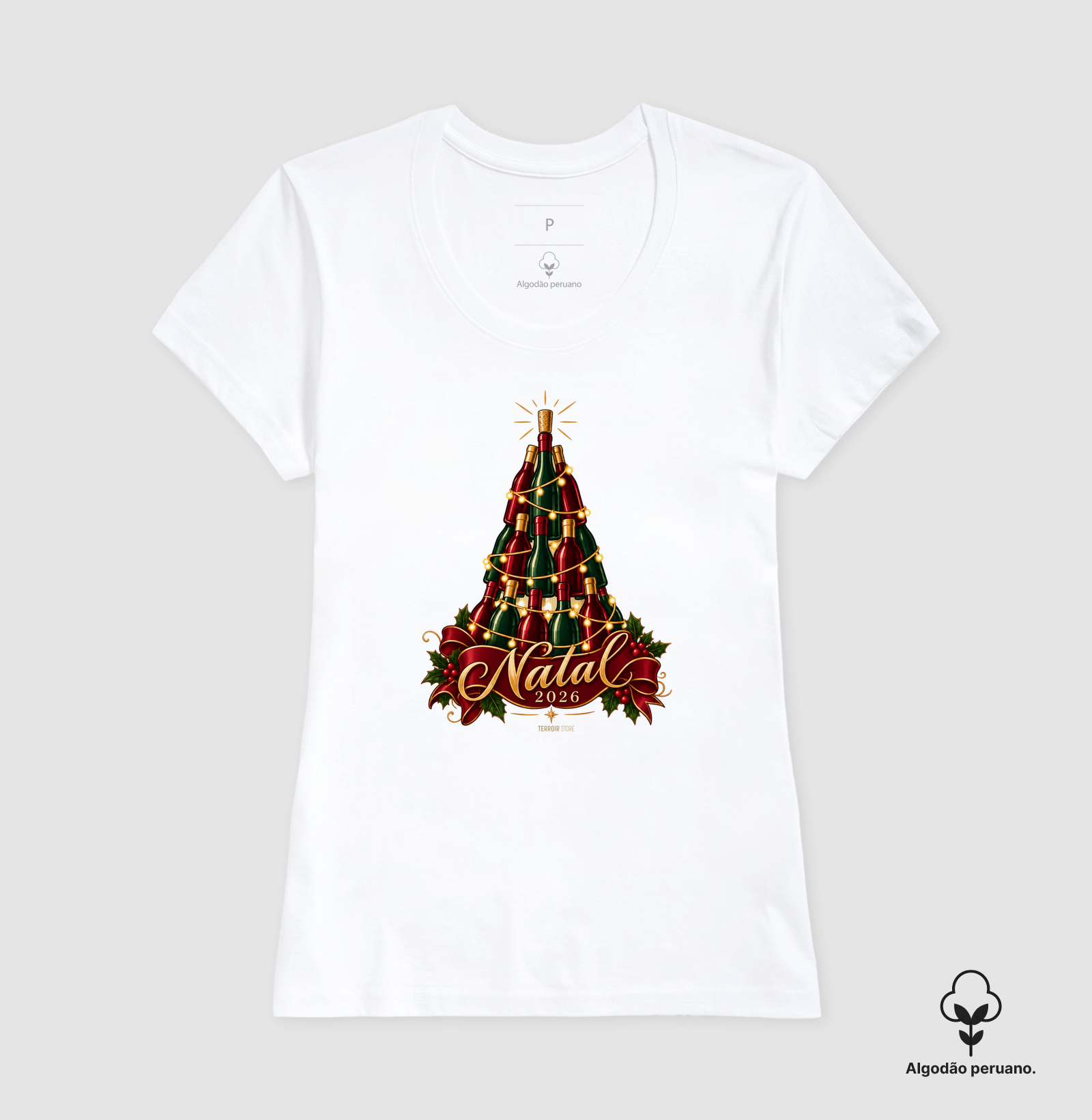 Camiseta Algodão Peruano Natal 2026 – Árvore de Garrafas de Vinho - Imagem 7