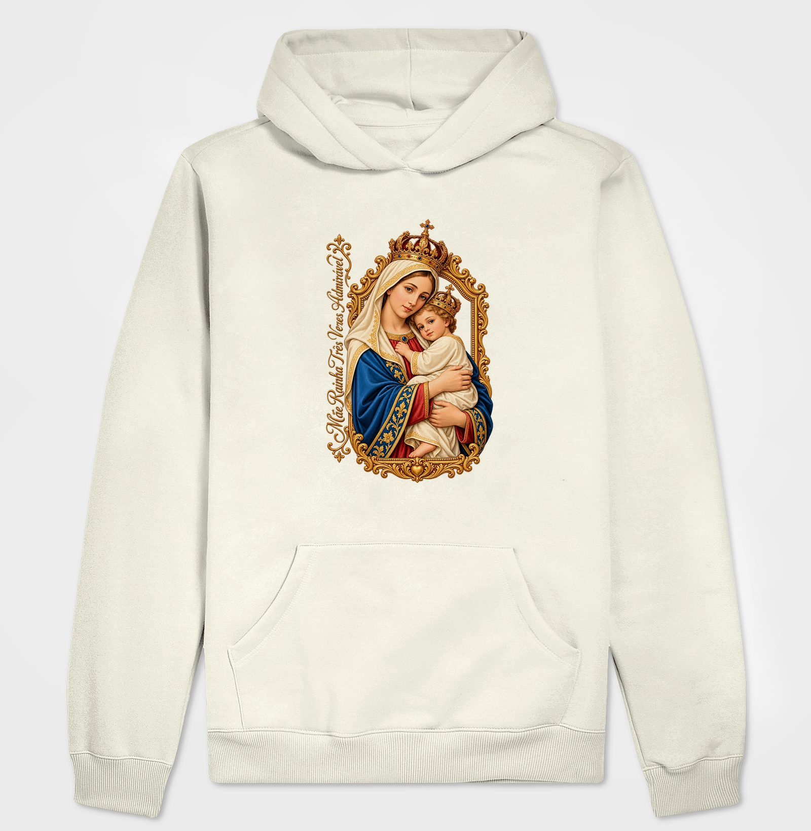 Camiseta Mãe Rainha Três Vezes Admirável Com Menino Jesus - Imagem 3