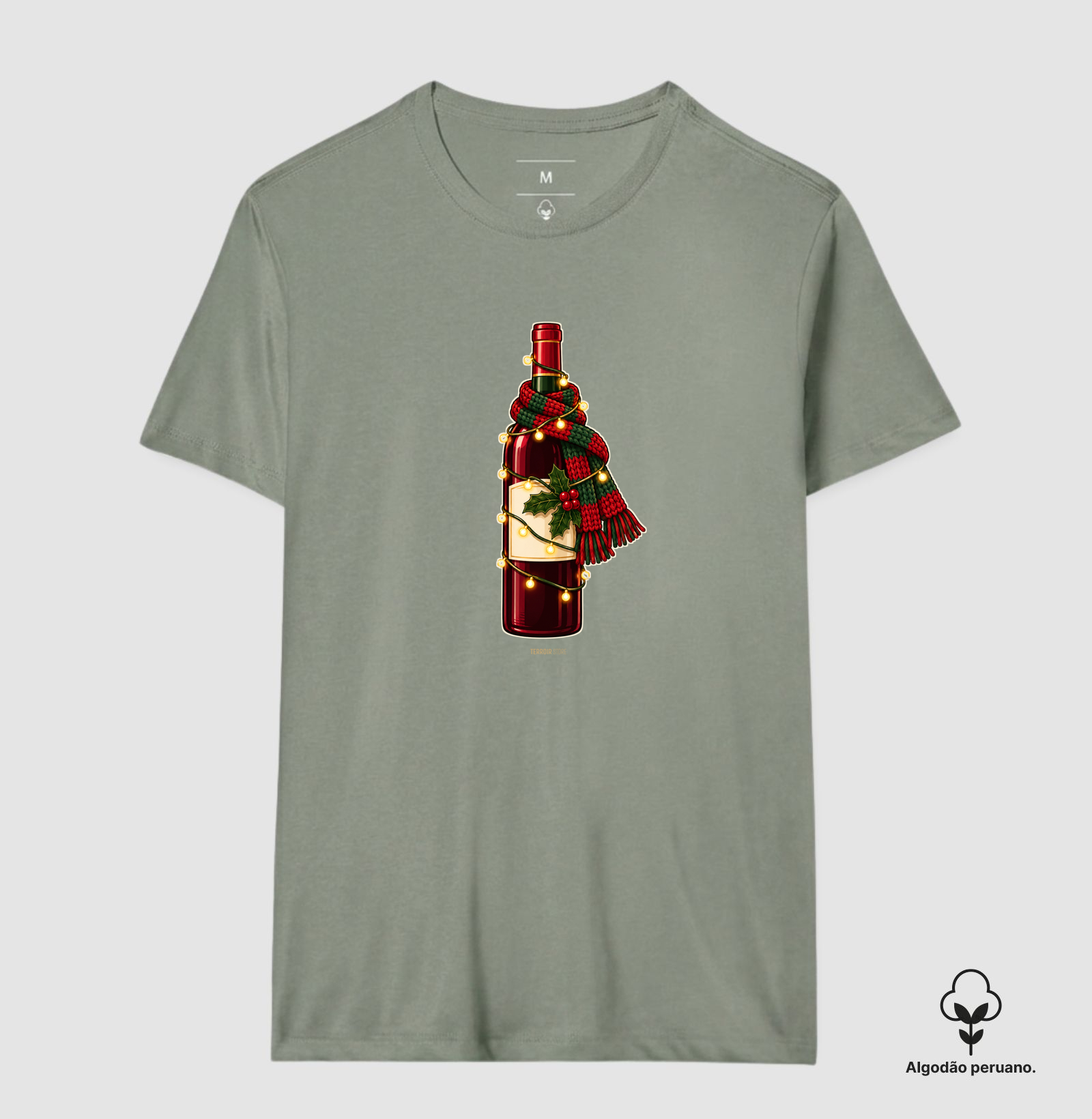 Camiseta Algodão Peruano Natal com Vinho – Garrafa de Cachecol e Pisca-Pisca - Imagem 5