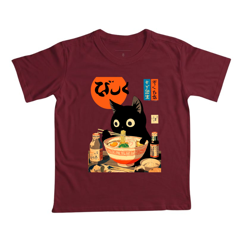 Camiseta Infantil Gato Comendo Ramen Japones - Algodão Penteado  - Imagem 4