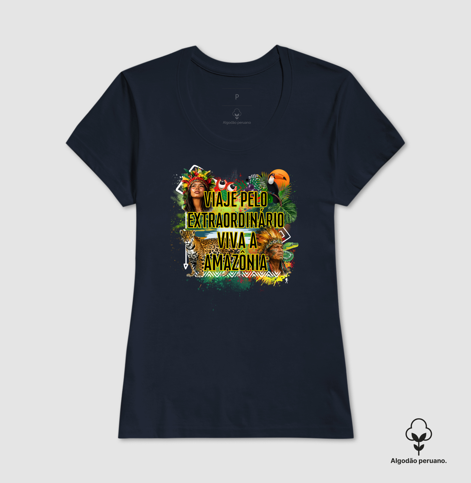 Camiseta Viaje pelo Extraordinario Viva a Amazonia | Onca Tucano Indigena | Colecao Viciados em Viagem - Imagem 3