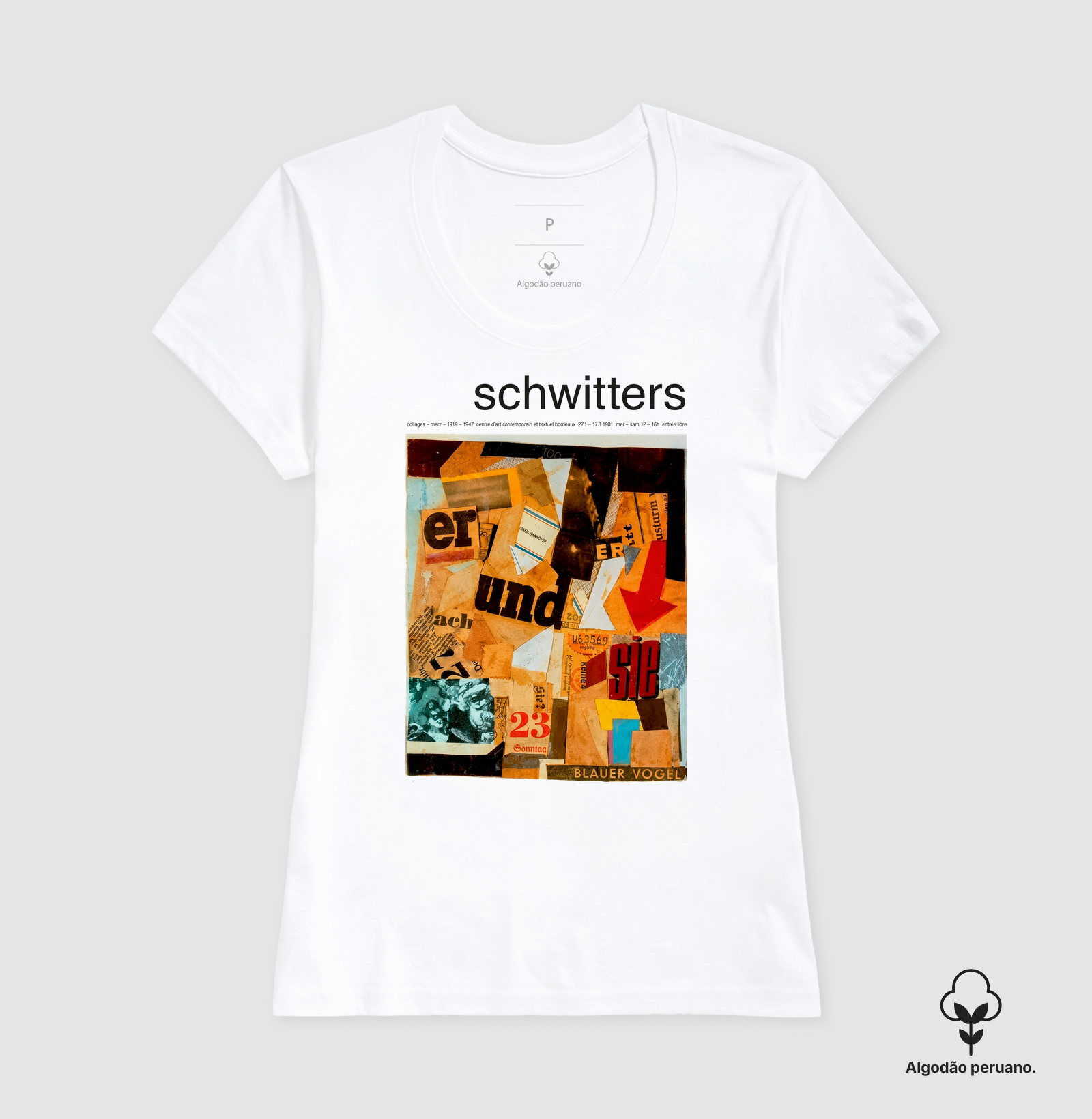 Camiseta Kurt Schwitters – Blauer Vogel | Colagem Merz em Algodão Peruano Tanguis - Imagem 3