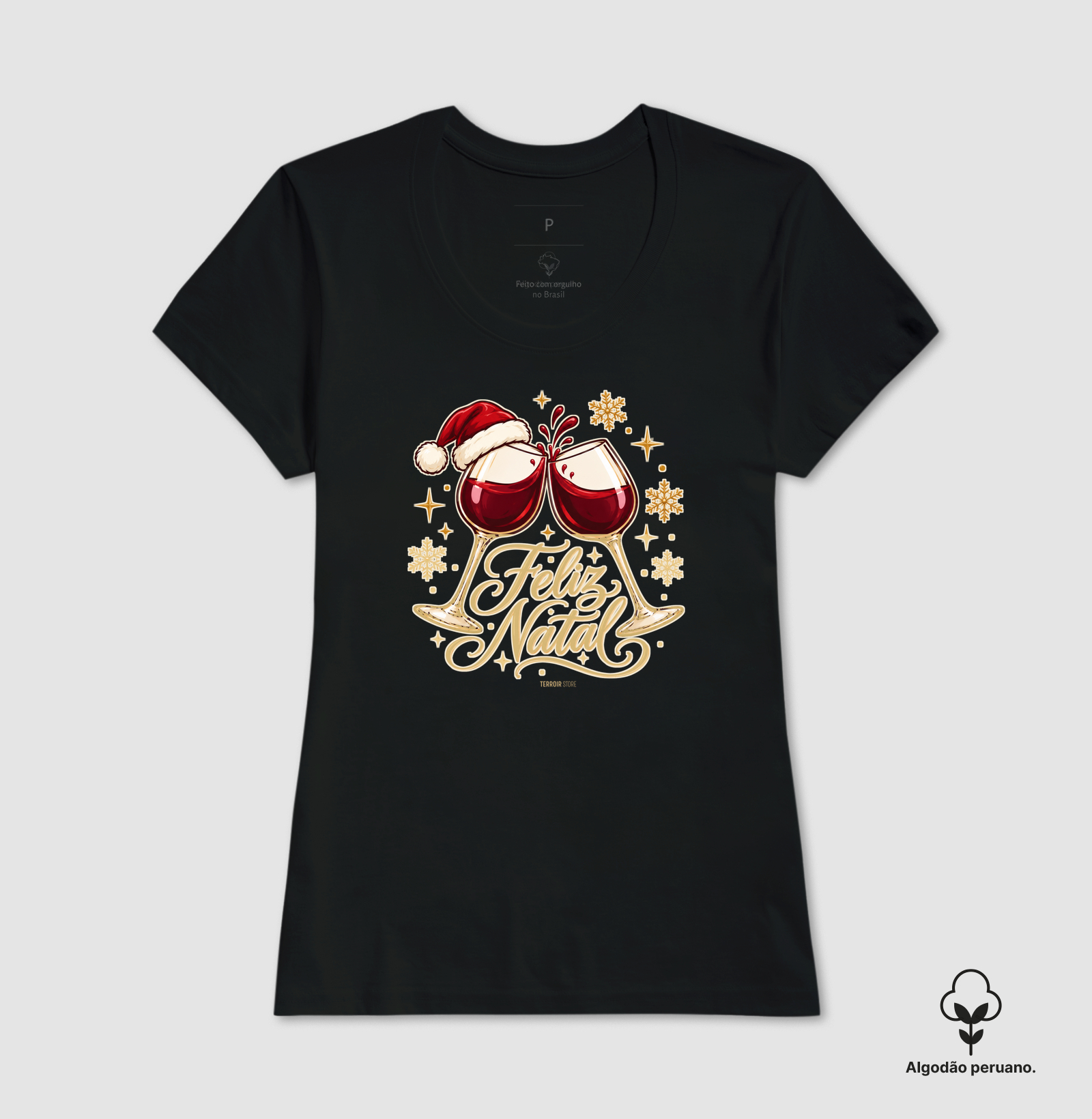 Camiseta Algodão Peruano Feliz Natal – Brinde de Taças de Vinho - Imagem 2