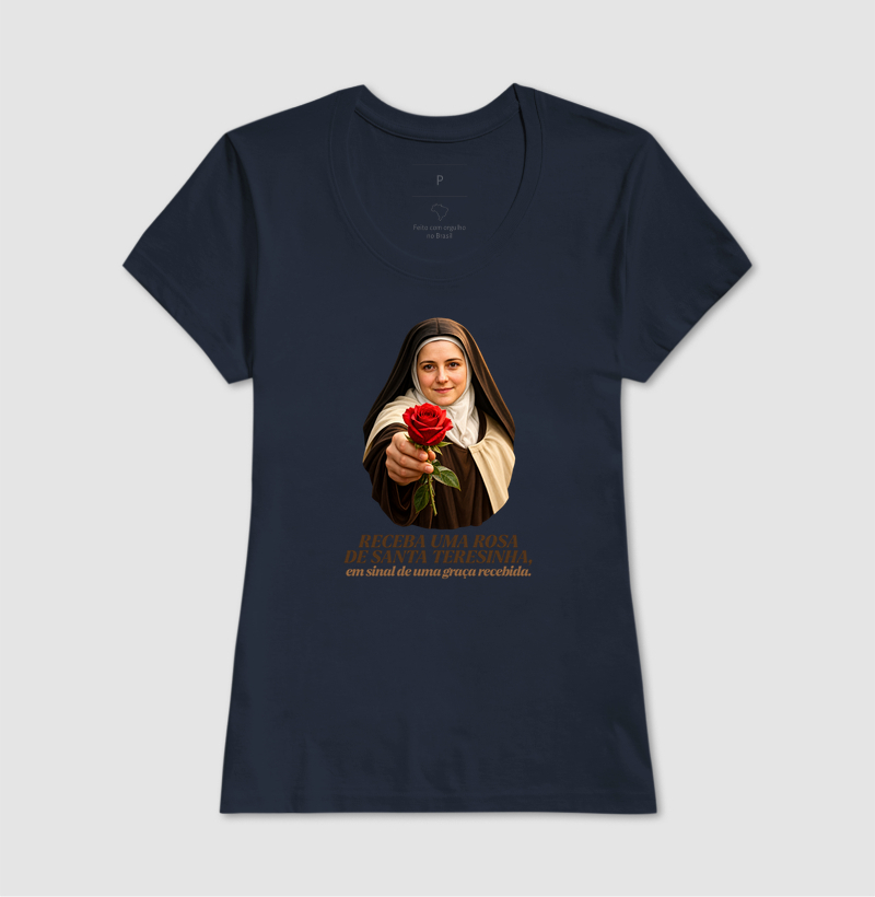 Camiseta Santa Teresinha do Menino Jesus Receba uma Rosa - Imagem 7