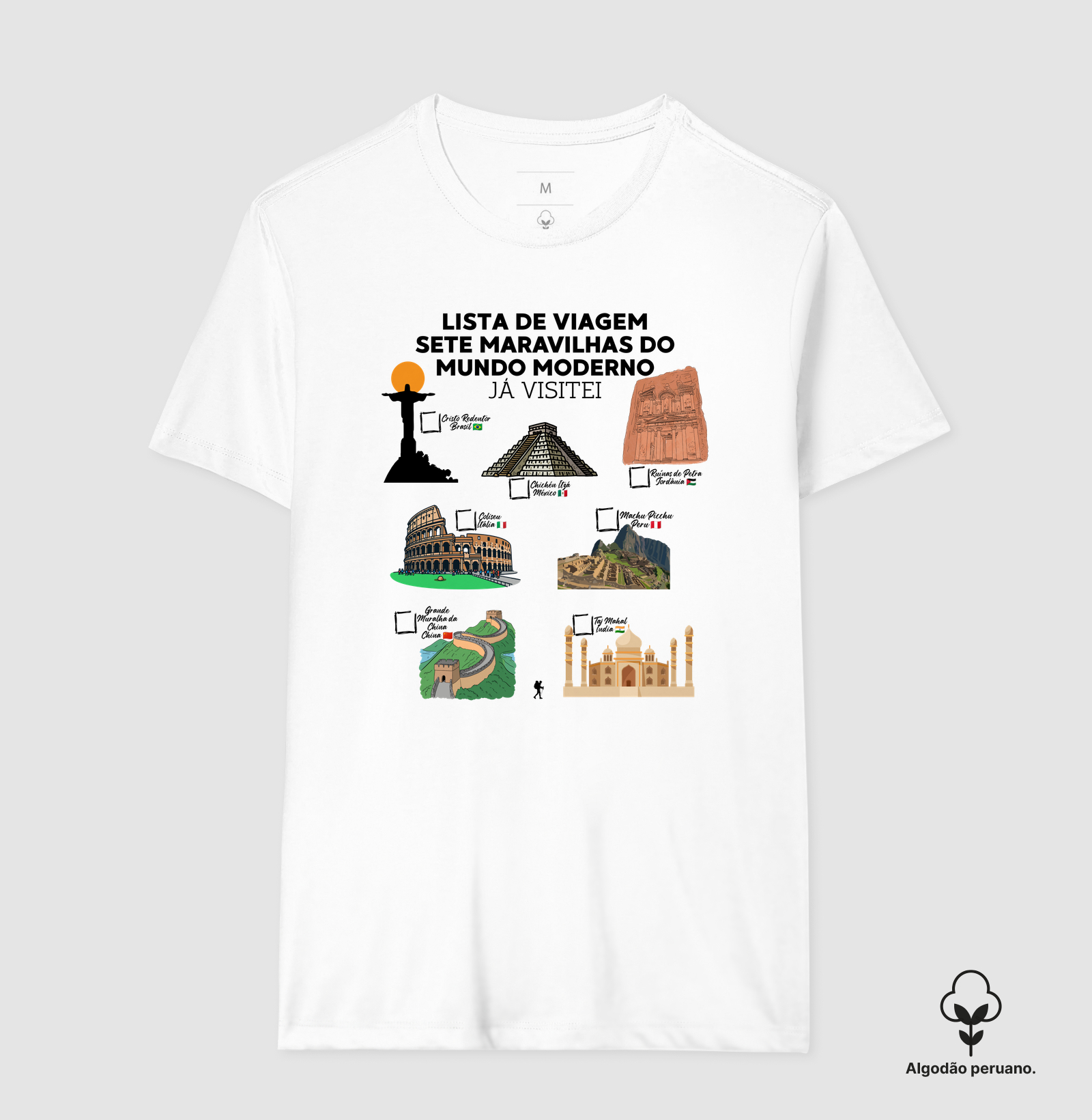 Camiseta Lista de Viagem Sete Maravilhas do Mundo Moderno | Marque as que Ja Visitou | Colecao Personalizaveis - Imagem 4