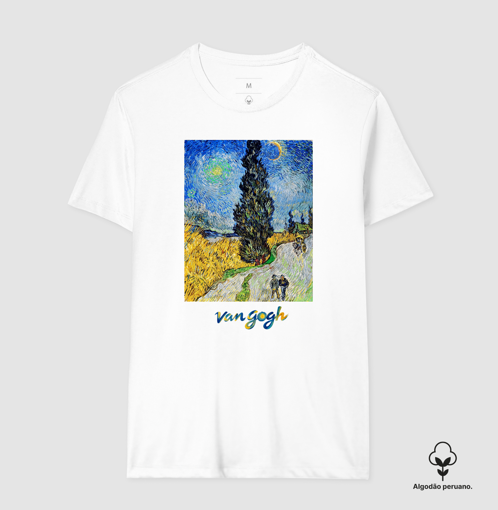 Camiseta Vincent Van Gogh Estrada Com Cipreste E Estrela Algodão Peruano - Imagem 9