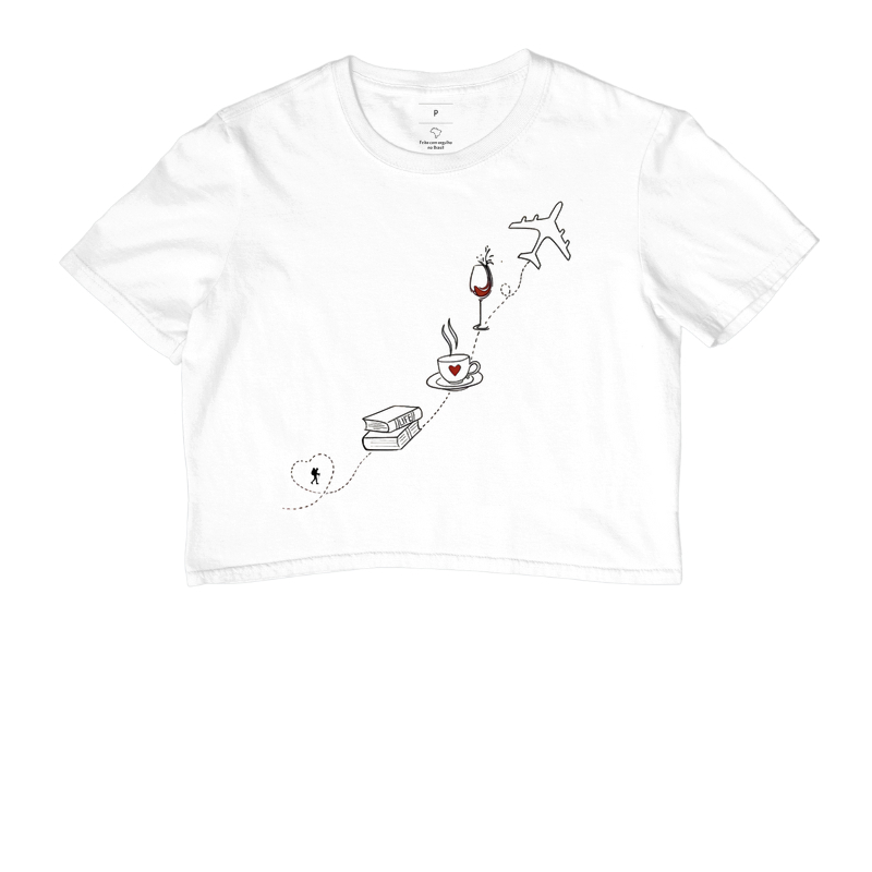 Camiseta Livro Cafe Vinho Aviao | Rota da Vida Viajante | Colecao Viciados em Viagem - Imagem 3