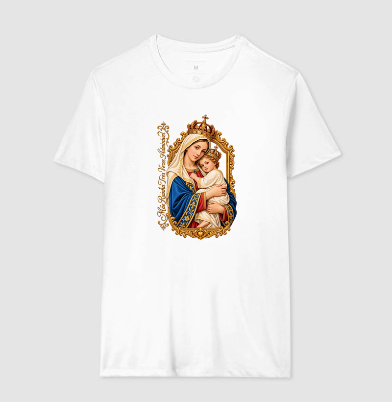 Camiseta Mãe Rainha Três Vezes Admirável Com Menino Jesus - Imagem 4