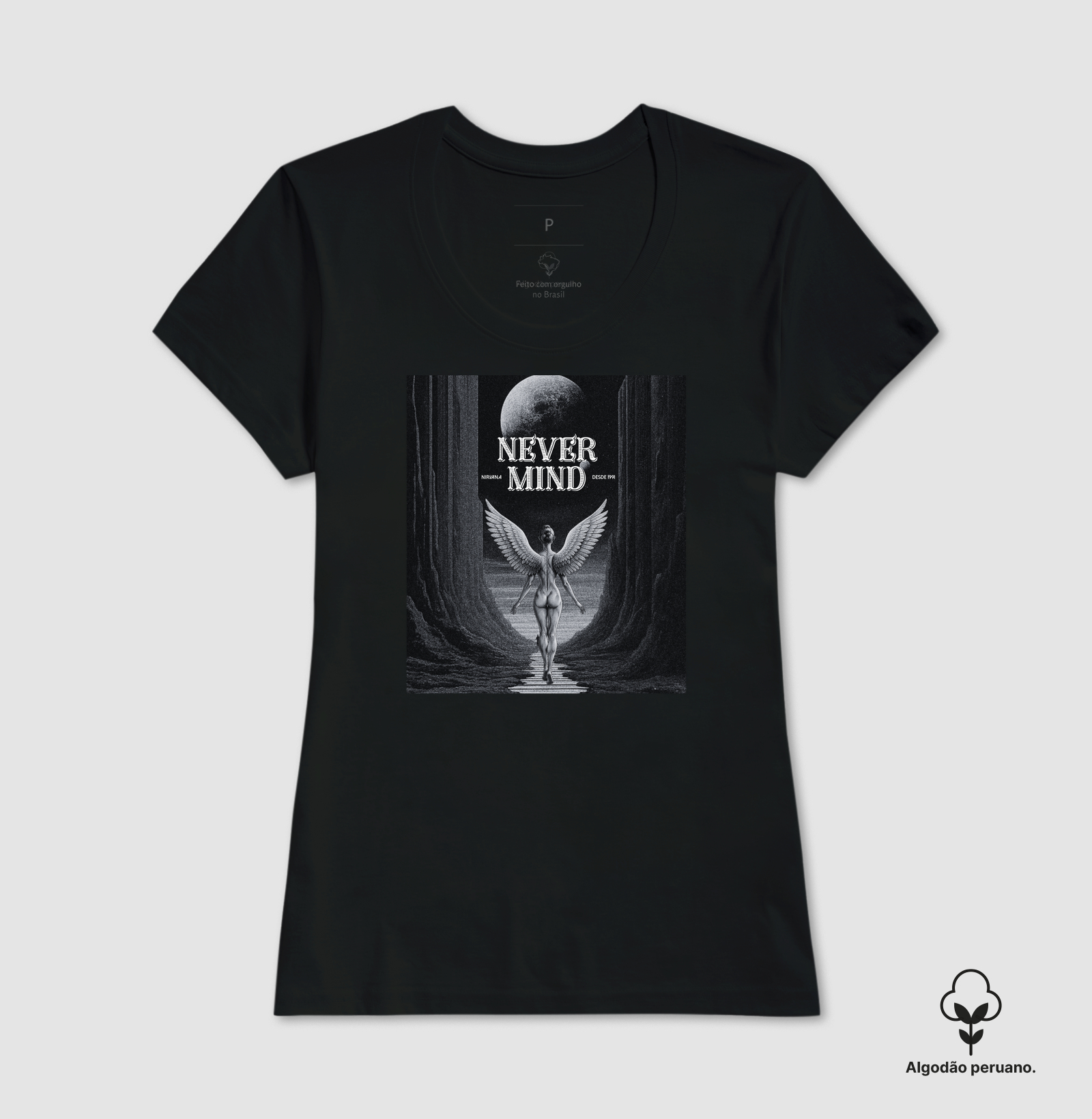 Camiseta Never Mind. Coleção Música. Masculino e feminino. Algodão Peruano. - Imagem 3